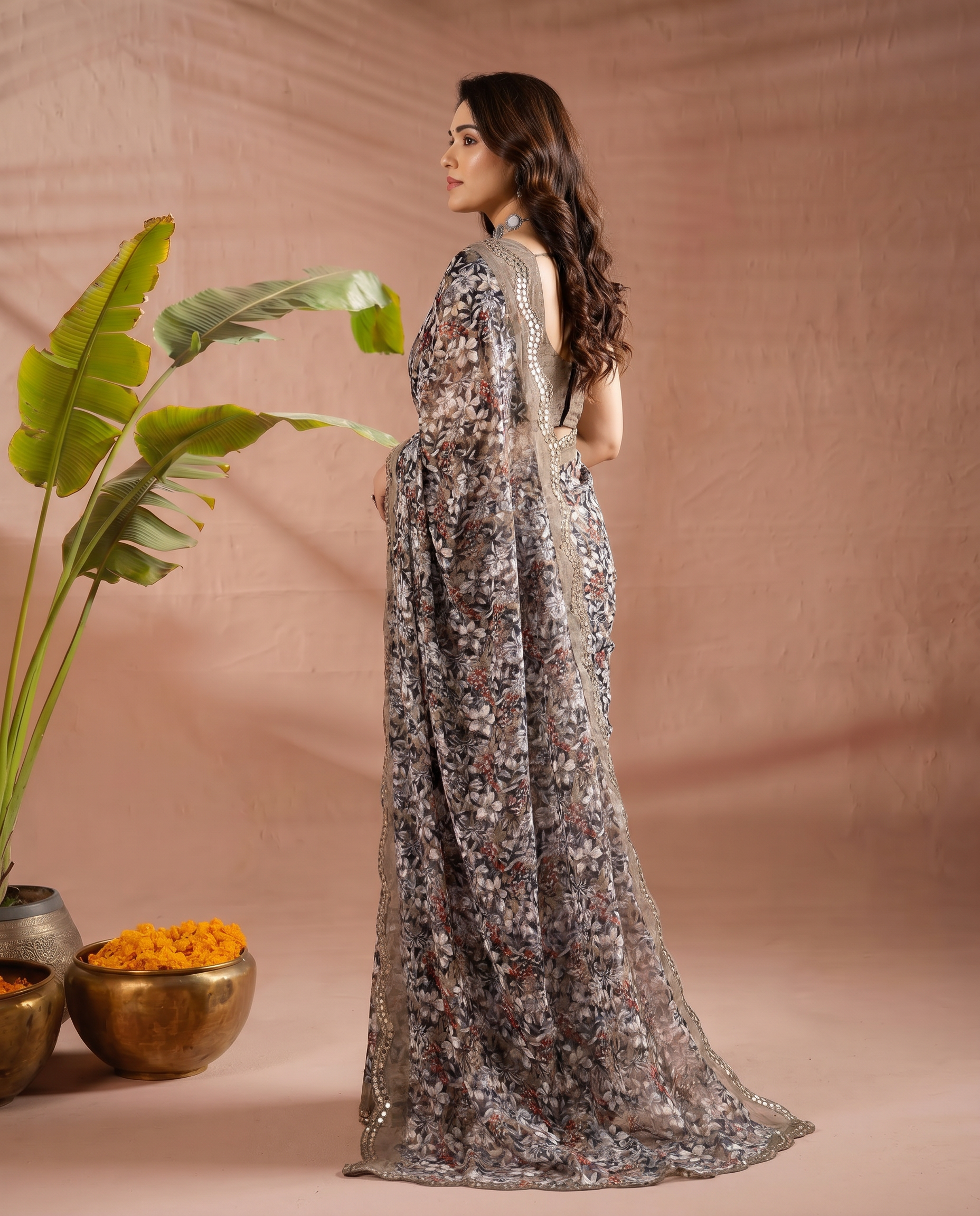 Elegant Brown Floral Printed Chiffon Saree with Designer Border – Party & Festive Wear - output 3 - 03 side