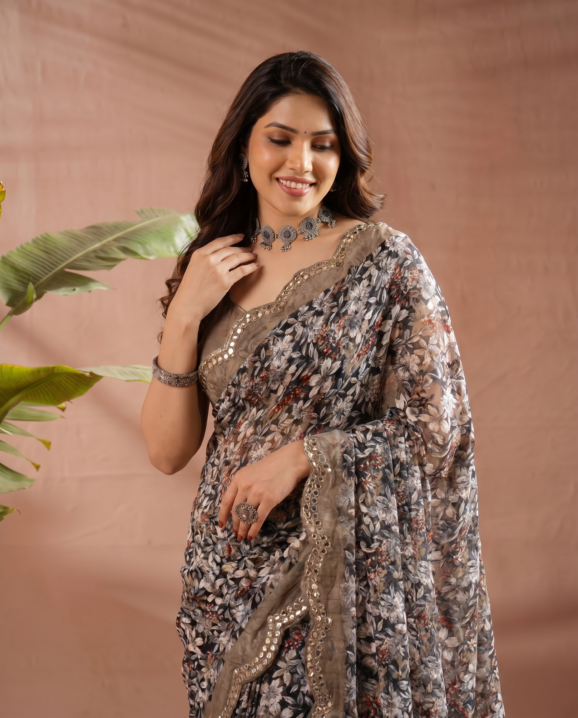 Elegant Brown Floral Printed Chiffon Saree with Designer Border – Party & Festive Wear - output 3 - 04 upper closeup