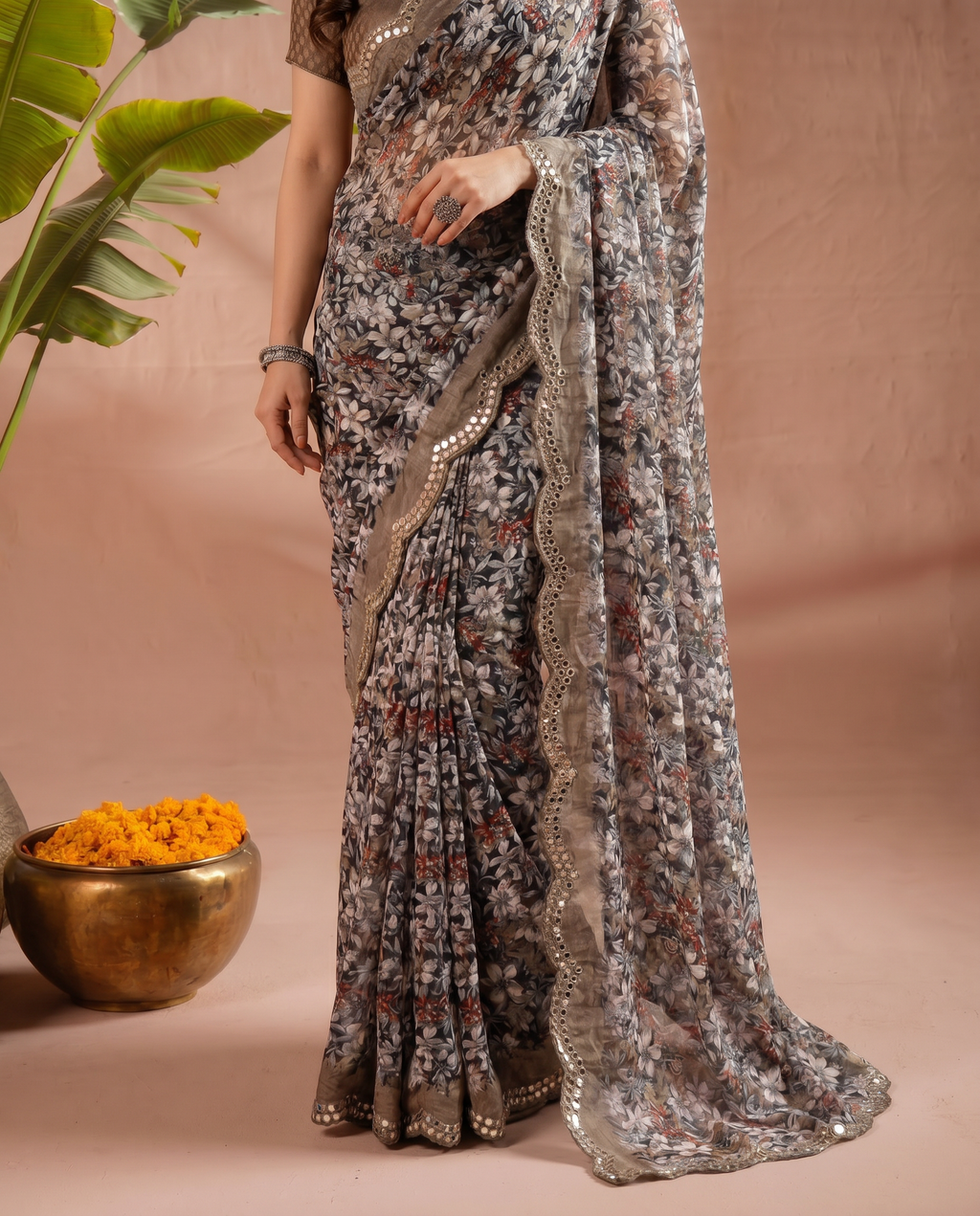 Elegant Brown Floral Printed Chiffon Saree with Designer Border – Party & Festive Wear - output 3 - 05 lower closeup