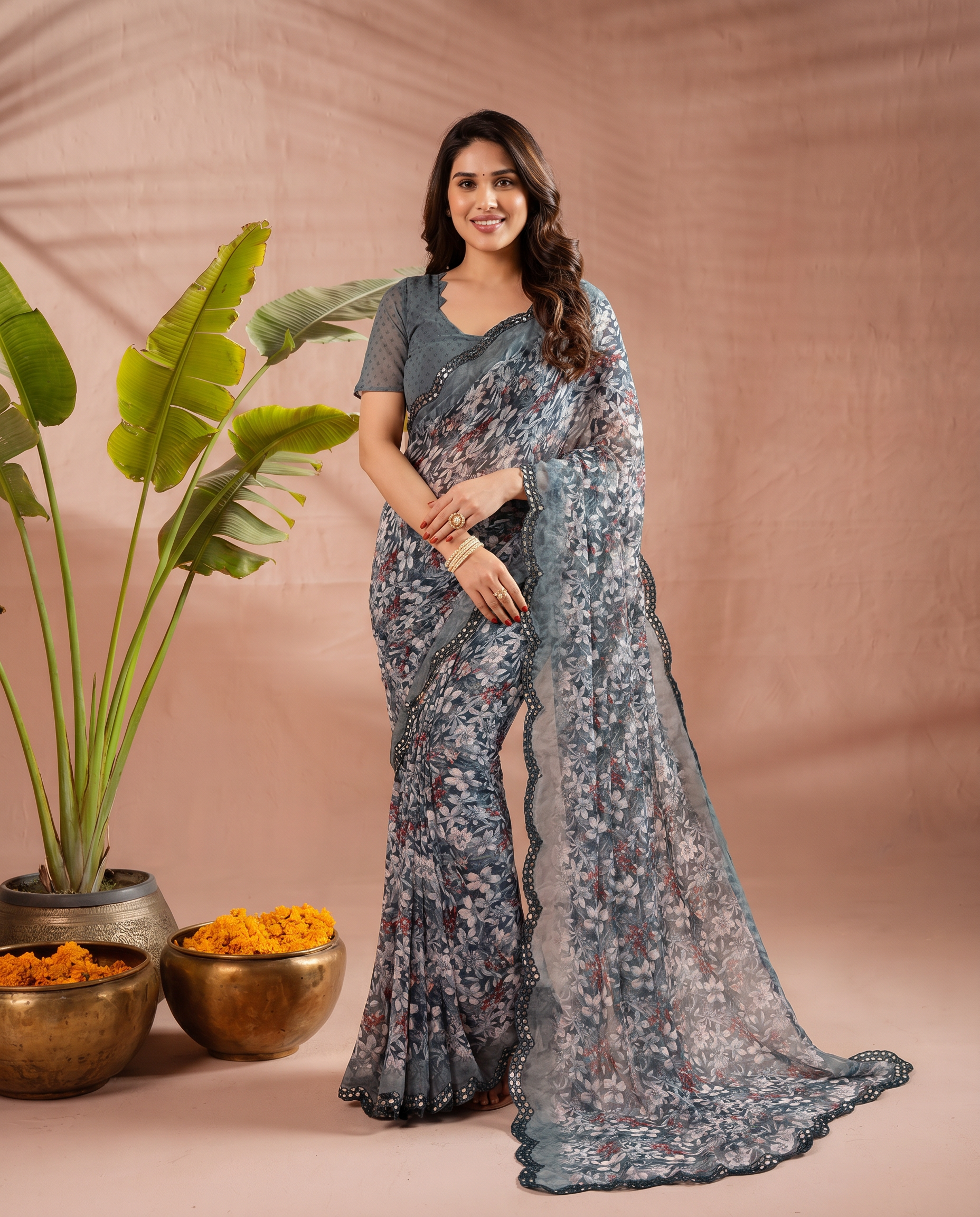 Elegant Brown Floral Printed Chiffon Saree with Designer Border – Party & Festive Wear - output 4 - 02 hero