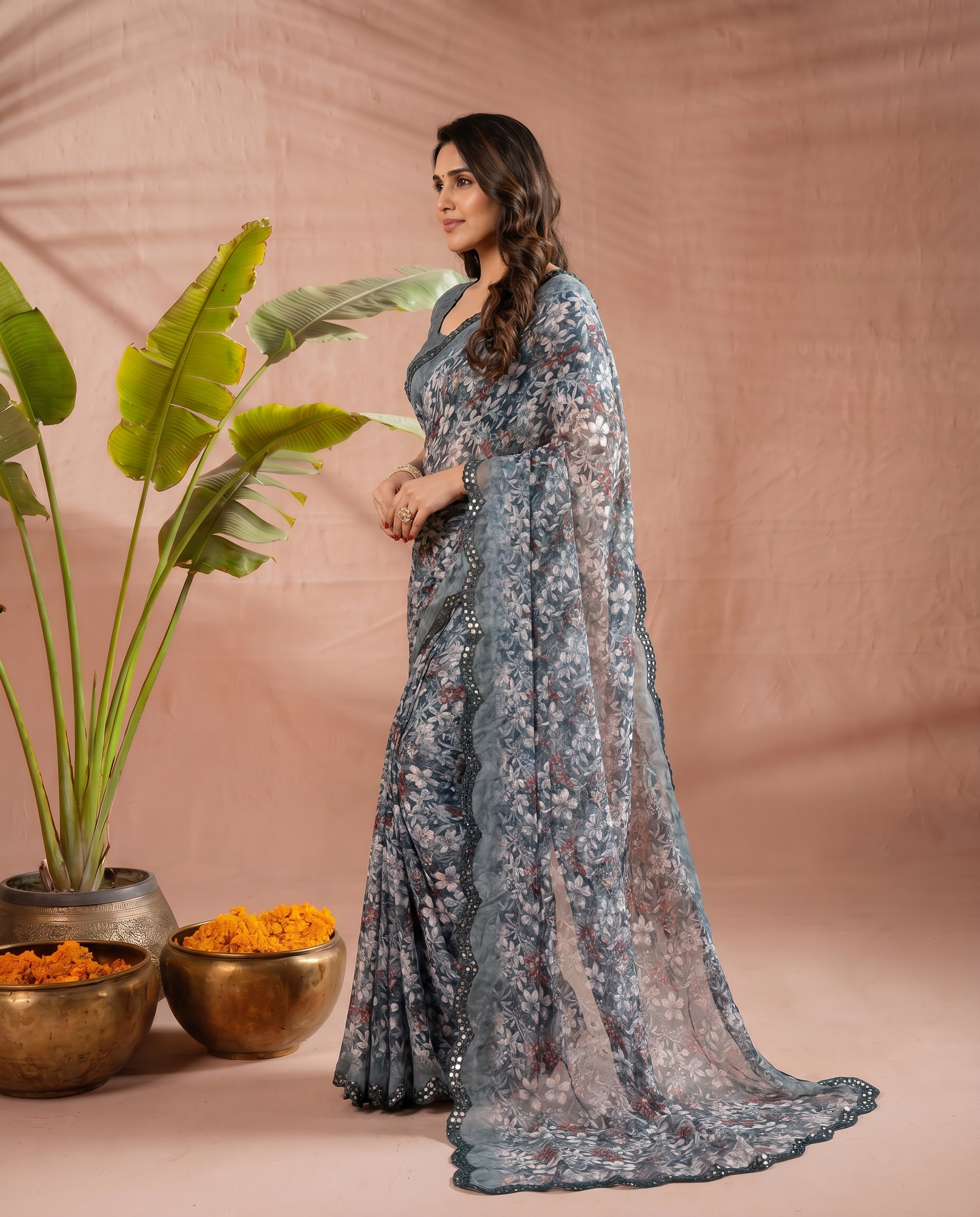 Elegant Brown Floral Printed Chiffon Saree with Designer Border – Party & Festive Wear - output 4 - 03 side