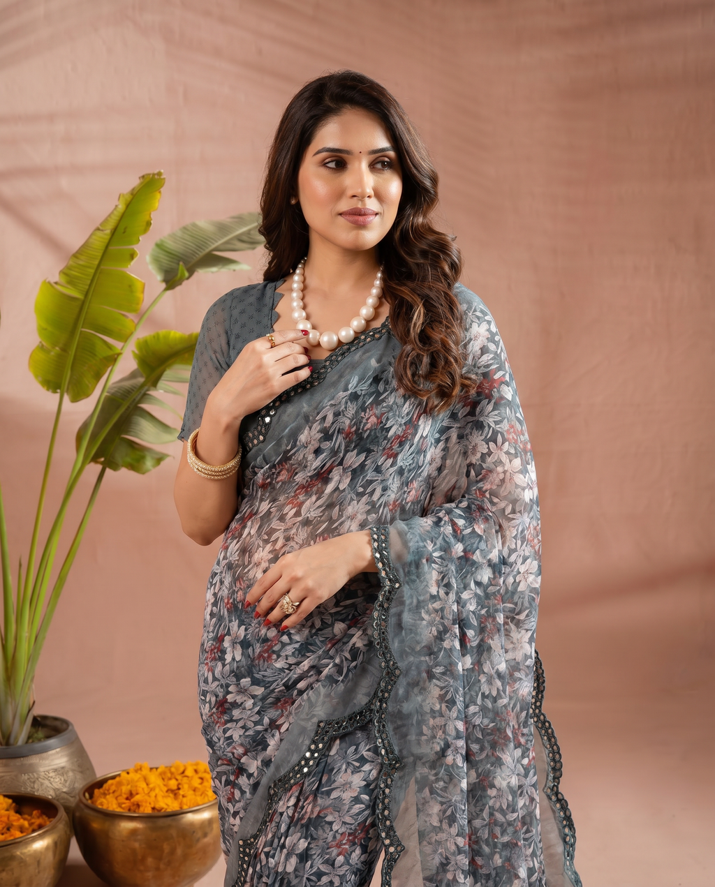 Elegant Brown Floral Printed Chiffon Saree with Designer Border – Party & Festive Wear - output 4 - 04 upper closeup