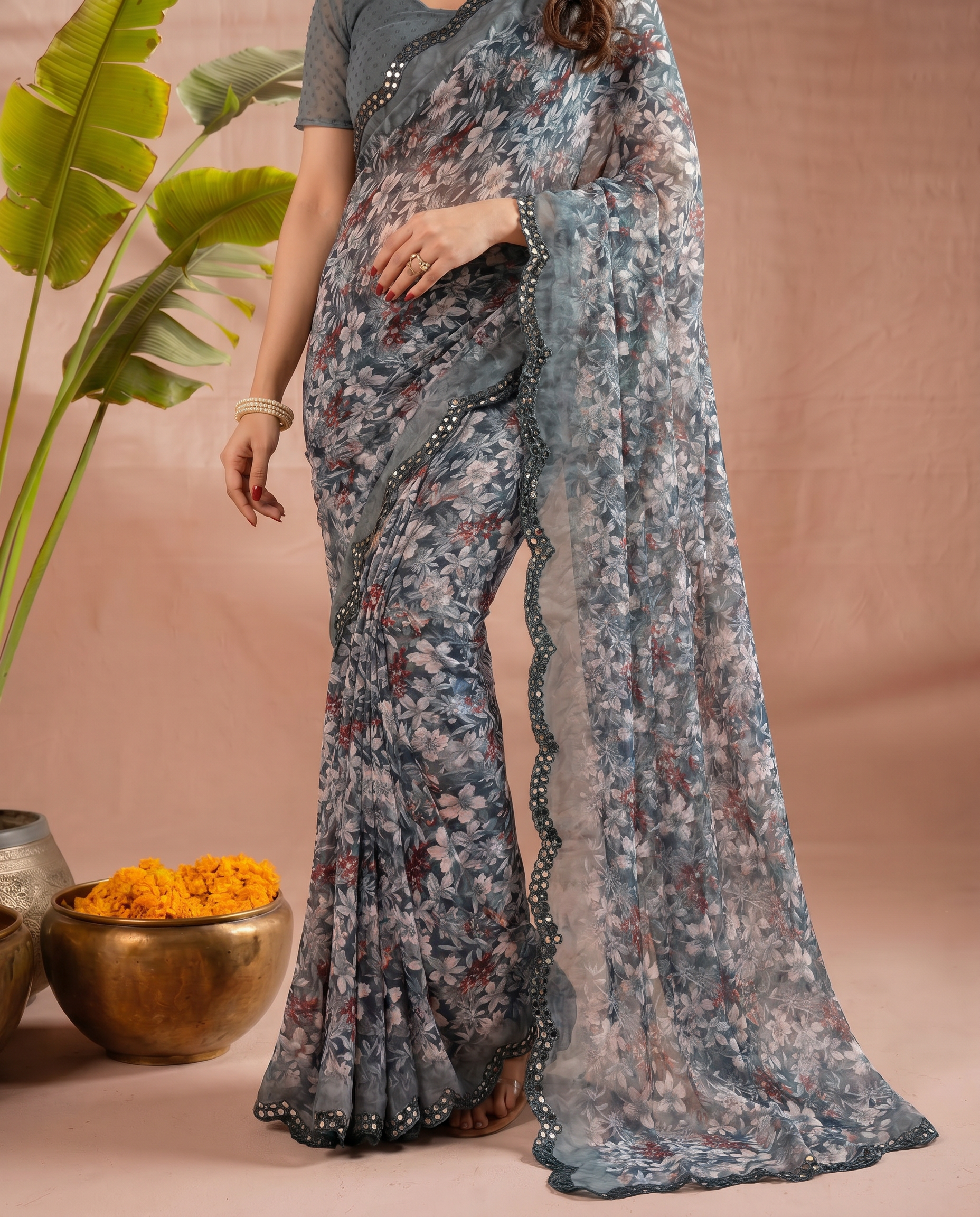 Elegant Brown Floral Printed Chiffon Saree with Designer Border – Party & Festive Wear - output 4 - 05 lower closeup