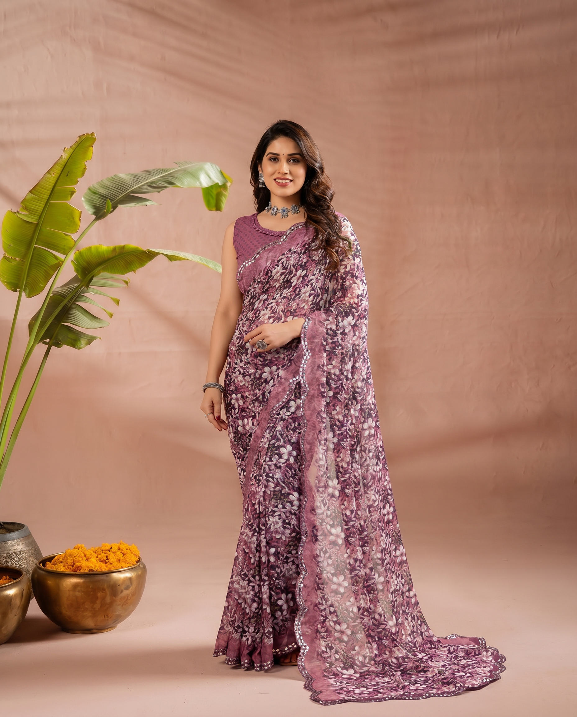 Elegant Brown Floral Printed Chiffon Saree with Designer Border – Party & Festive Wear - output 5 - 02 hero
