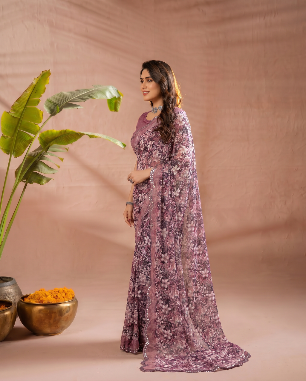 Elegant Brown Floral Printed Chiffon Saree with Designer Border – Party & Festive Wear - output 5 - 03 side
