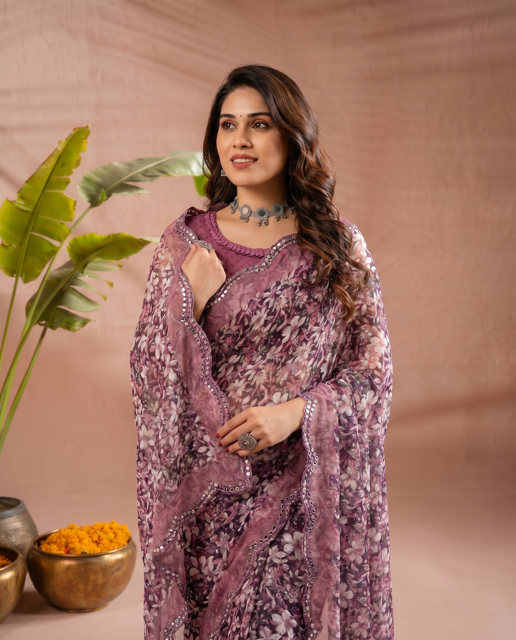 Elegant Brown Floral Printed Chiffon Saree with Designer Border – Party & Festive Wear - output 5 - 04 upper closeup