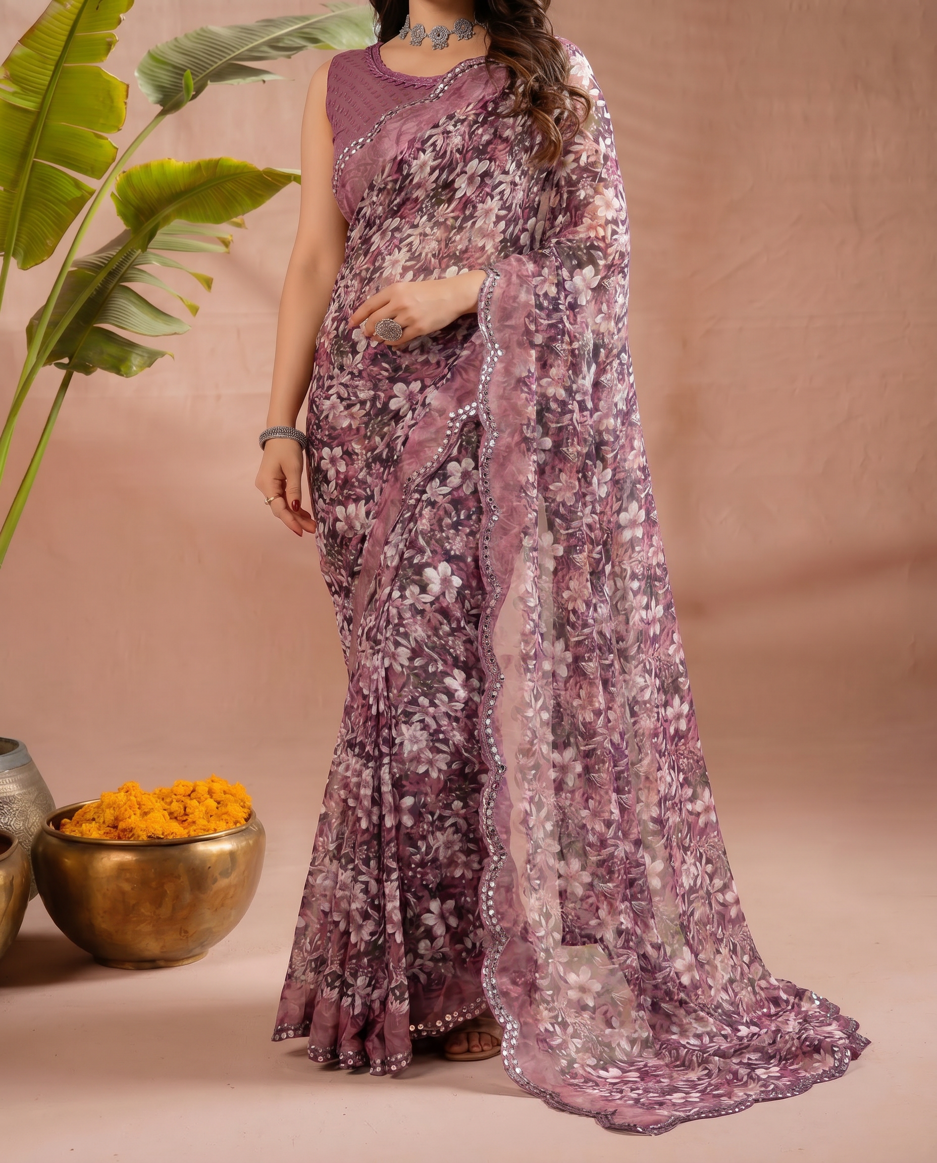 Elegant Brown Floral Printed Chiffon Saree with Designer Border – Party & Festive Wear - output 5 - 05 lower closeup