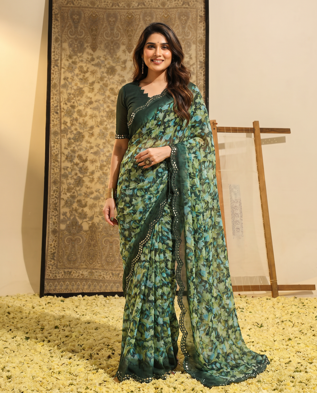 Elegant Brown Floral Printed Chiffon Saree with Designer Border – Stylish Party & Festive Wear - output 0 - 02 hero