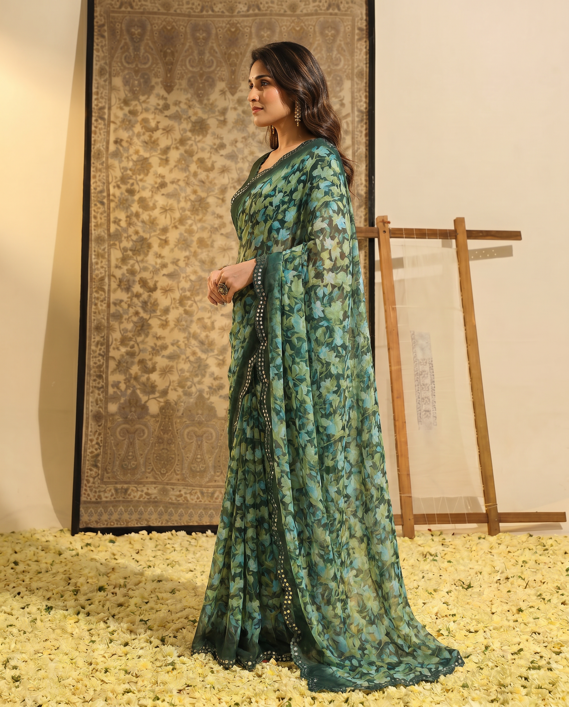 Elegant Brown Floral Printed Chiffon Saree with Designer Border – Stylish Party & Festive Wear - output 0 - 03 side