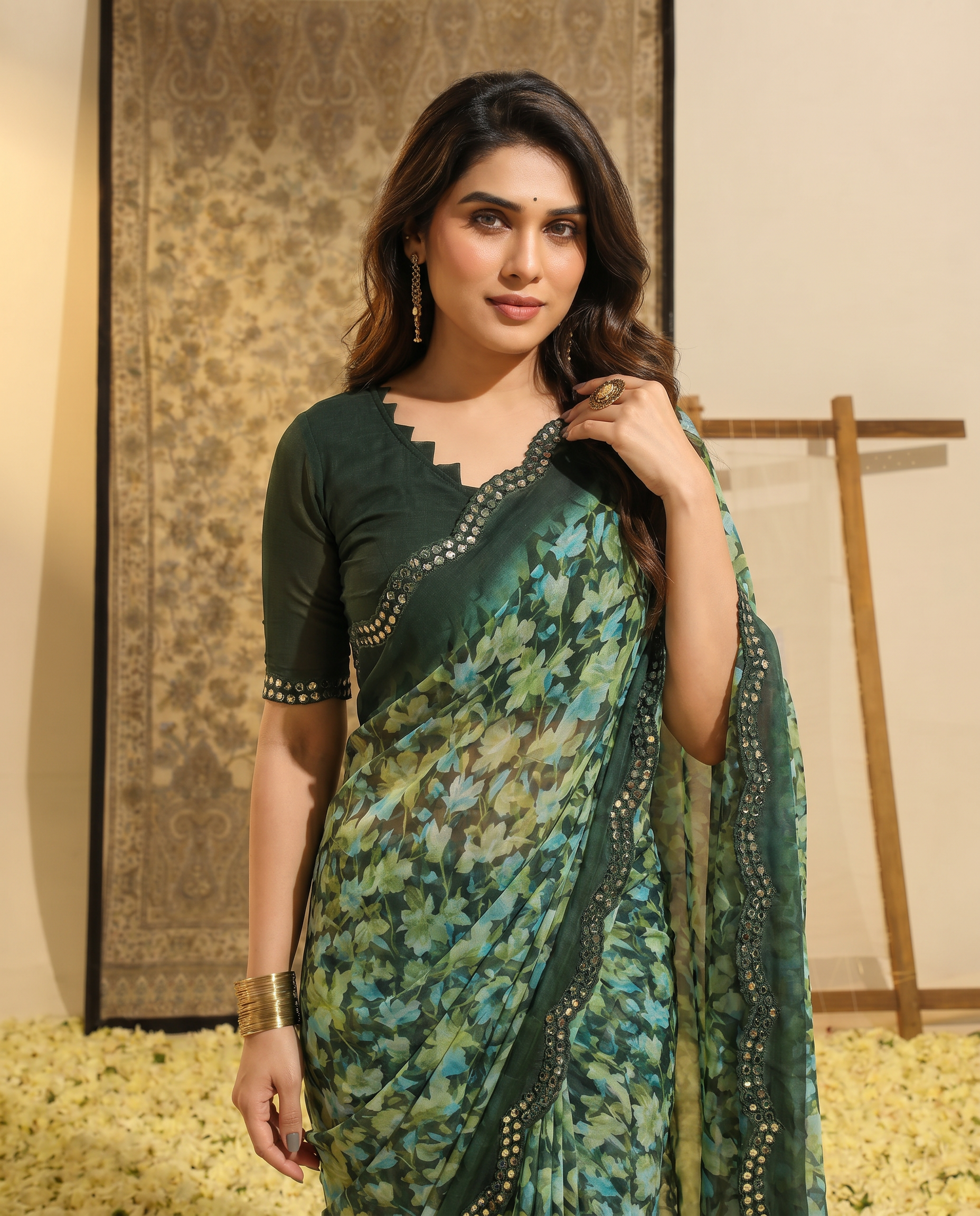 Elegant Brown Floral Printed Chiffon Saree with Designer Border – Stylish Party & Festive Wear - output 0 - 04 upper closeup