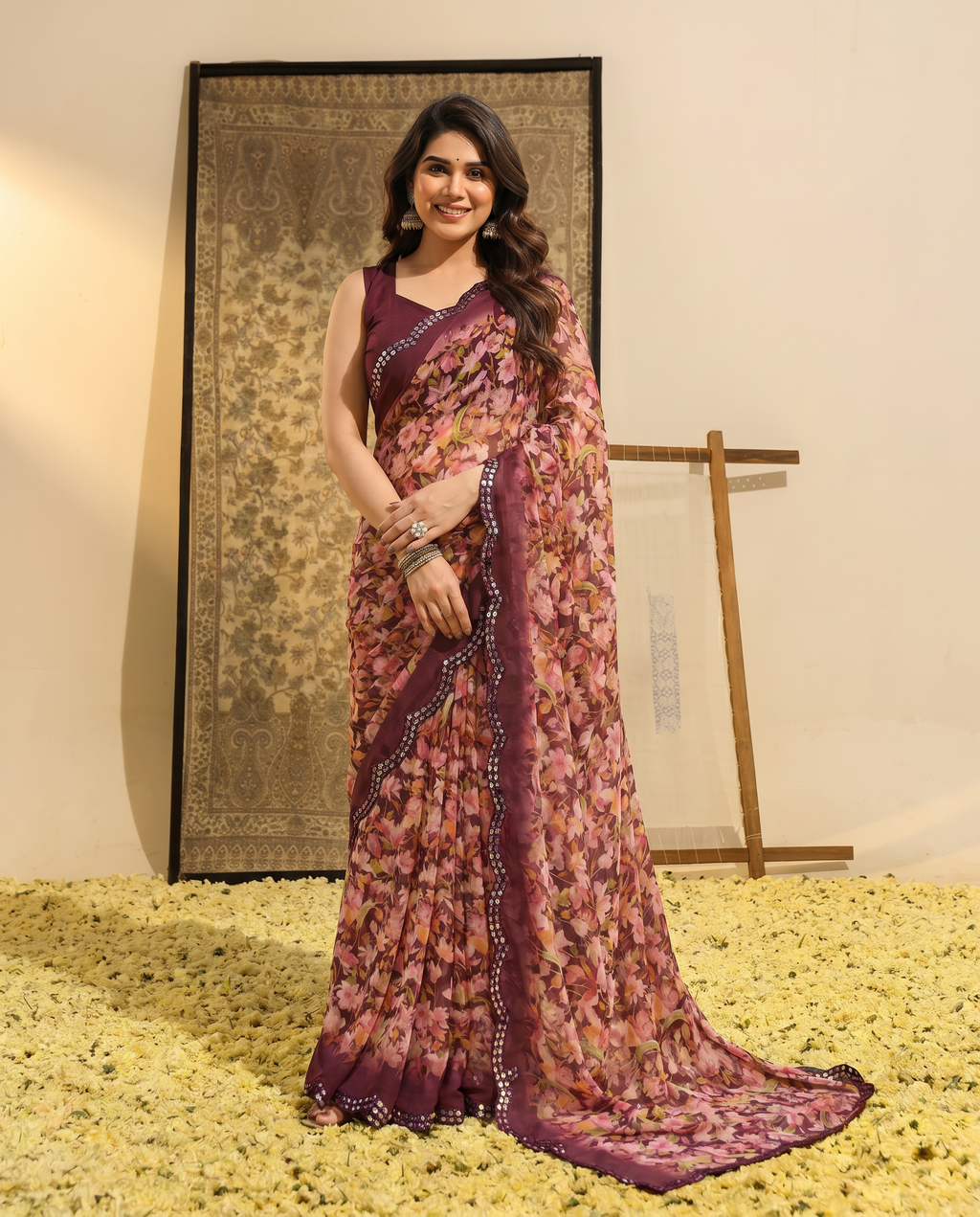 Elegant Brown Floral Printed Chiffon Saree with Designer Border – Stylish Party & Festive Wear - output 1 - 02 hero