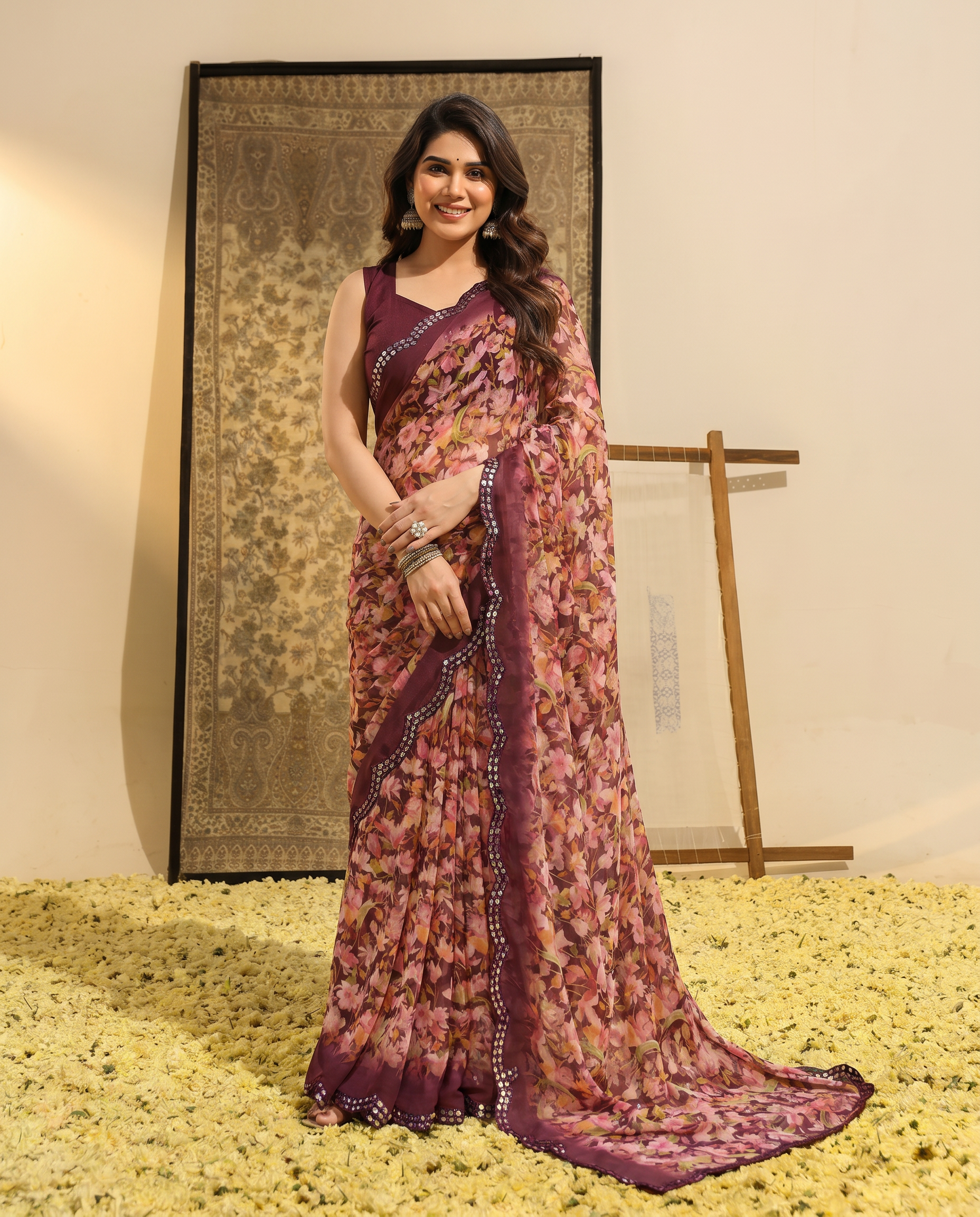 Elegant Brown Floral Printed Chiffon Saree with Designer Border – Stylish Party & Festive Wear - output 1 - 02 hero