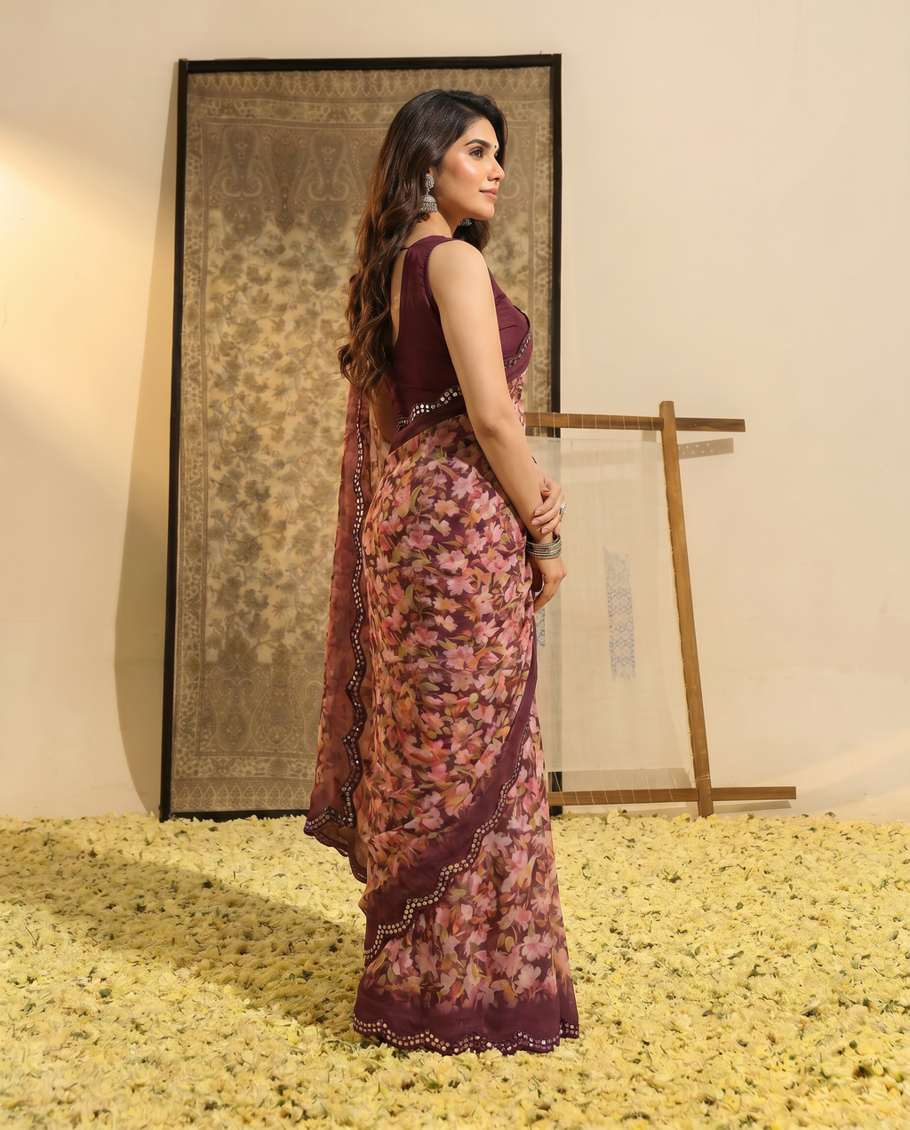 Elegant Brown Floral Printed Chiffon Saree with Designer Border – Stylish Party & Festive Wear - output 1 - 03 side