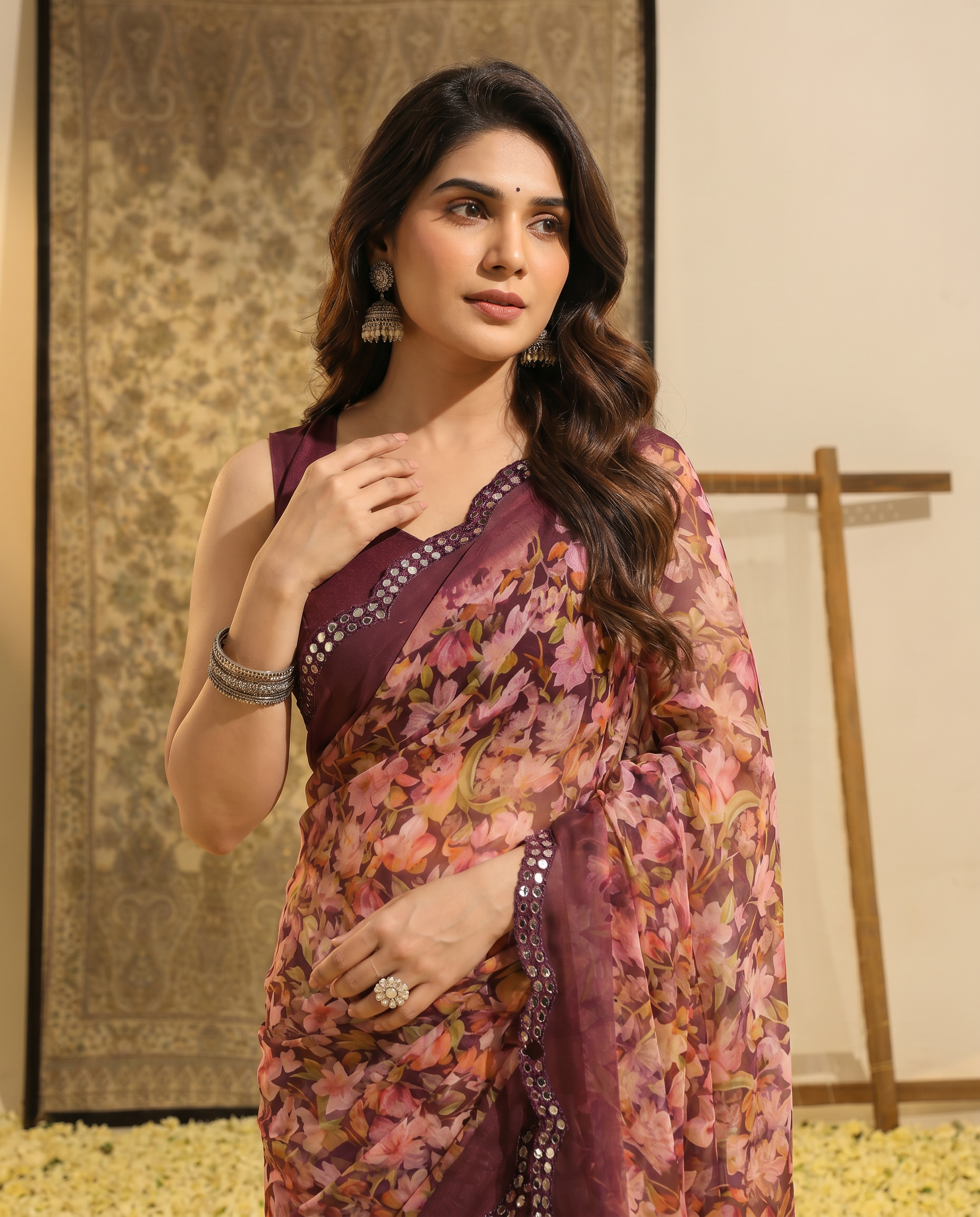 Elegant Brown Floral Printed Chiffon Saree with Designer Border – Stylish Party & Festive Wear - output 1 - 04 upper closeup