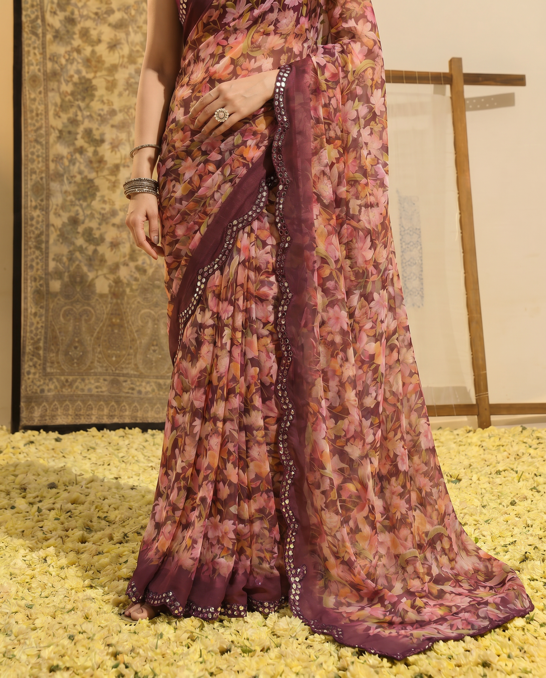 Elegant Brown Floral Printed Chiffon Saree with Designer Border – Stylish Party & Festive Wear - output 1 - 05 lower closeup