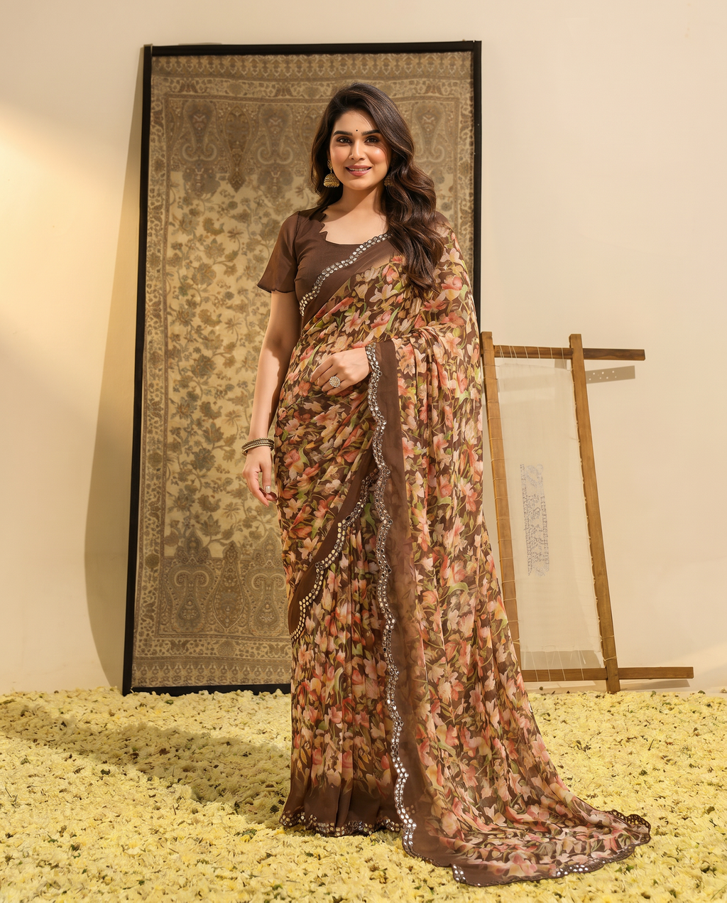 Elegant Brown Floral Printed Chiffon Saree with Designer Border – Stylish Party & Festive Wear - output 2 - 02 hero