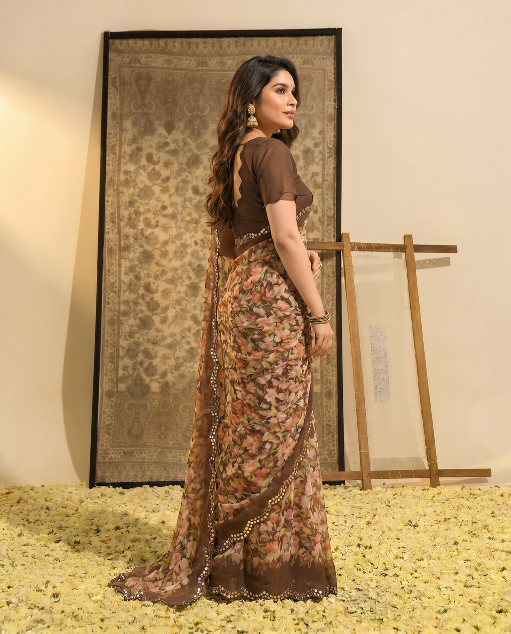 Elegant Brown Floral Printed Chiffon Saree with Designer Border – Stylish Party & Festive Wear - output 2 - 03 side
