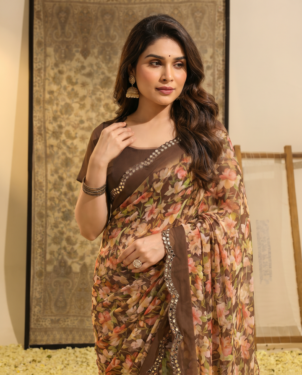 Elegant Brown Floral Printed Chiffon Saree with Designer Border – Stylish Party & Festive Wear - output 2 - 04 upper closeup