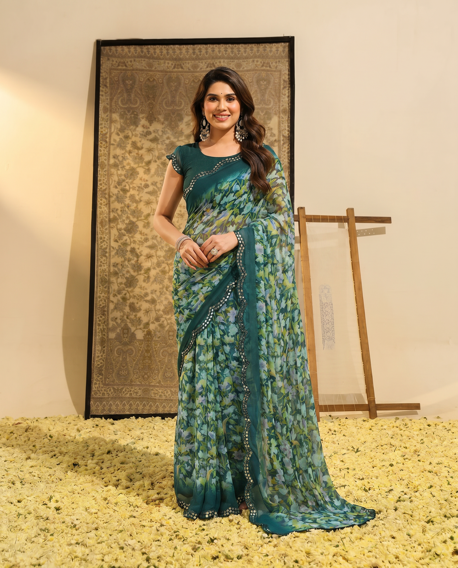 Elegant Brown Floral Printed Chiffon Saree with Designer Border – Stylish Party & Festive Wear - output 3 - 02 hero