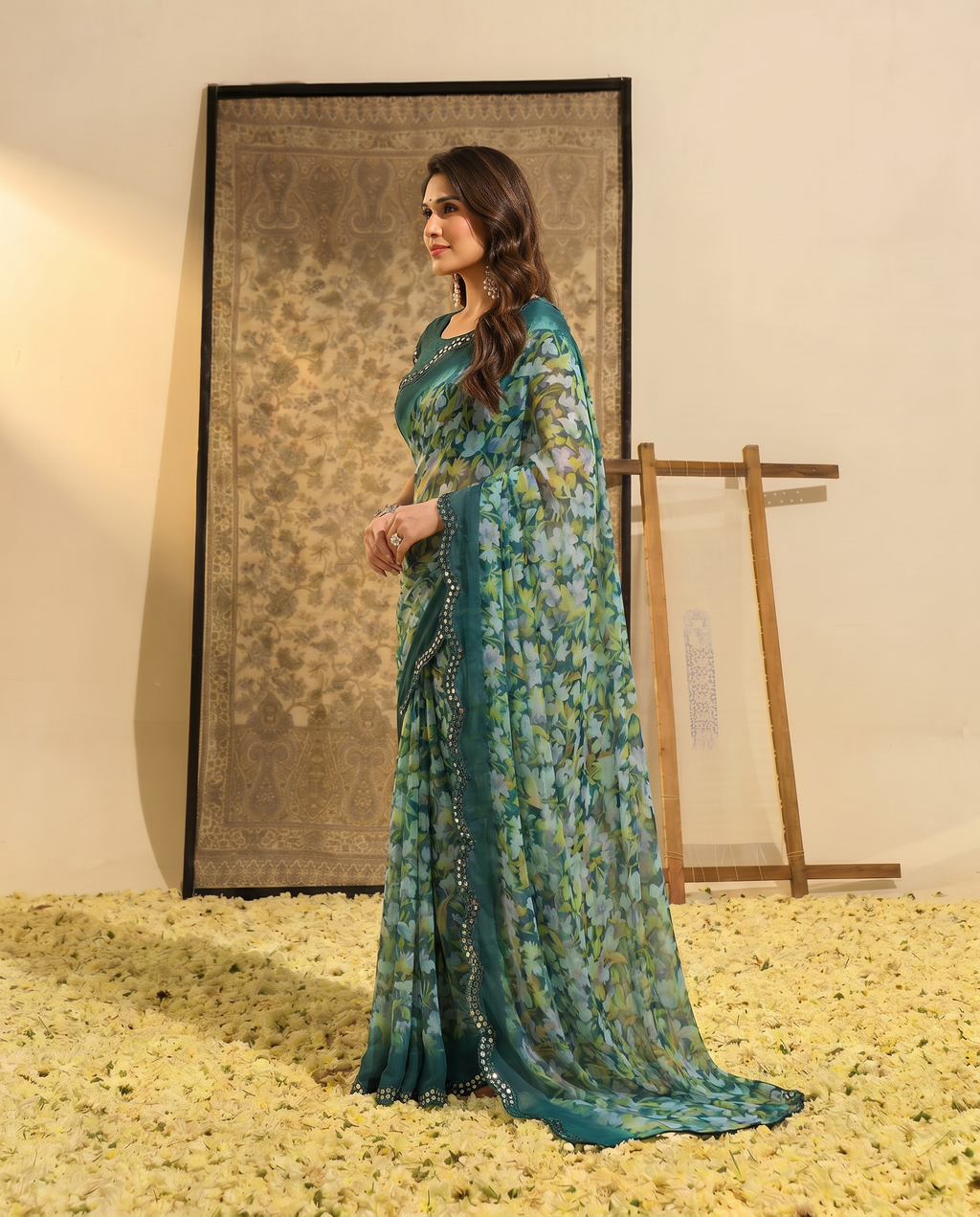 Elegant Brown Floral Printed Chiffon Saree with Designer Border – Stylish Party & Festive Wear - output 3 - 03 side
