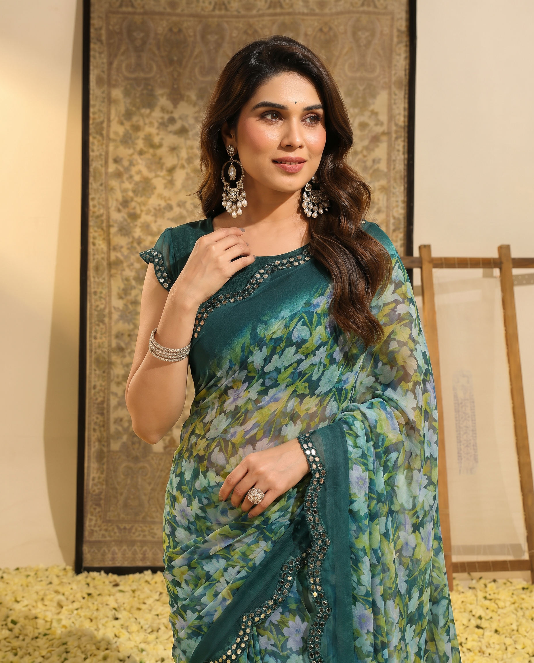 Elegant Brown Floral Printed Chiffon Saree with Designer Border – Stylish Party & Festive Wear - output 3 - 04 upper closeup