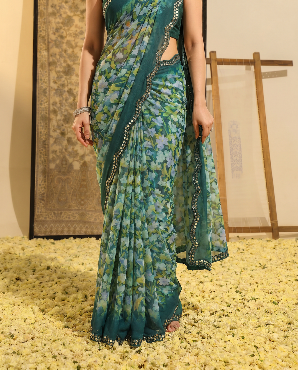 Elegant Brown Floral Printed Chiffon Saree with Designer Border – Stylish Party & Festive Wear - output 3 - 05 lower closeup