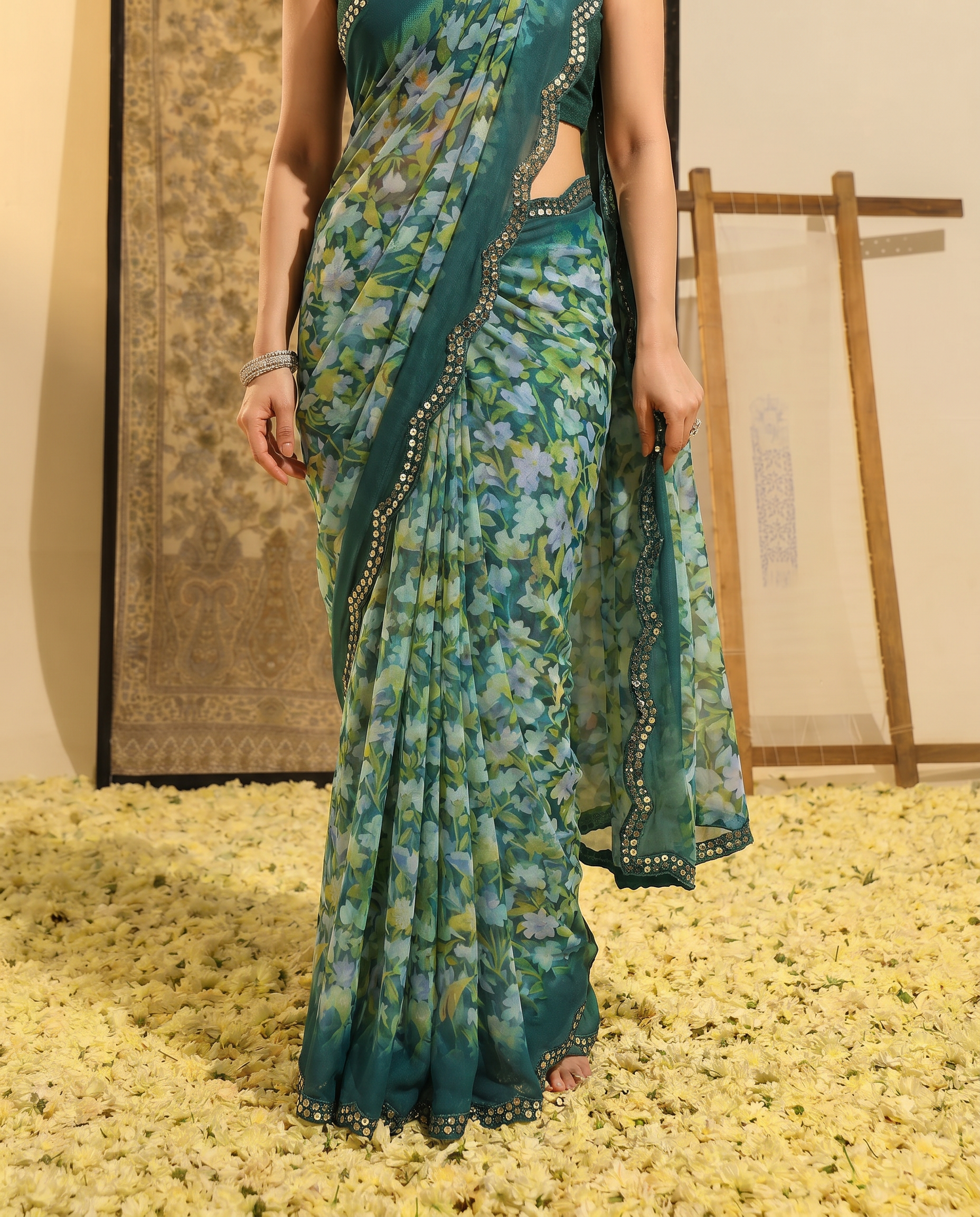 Elegant Brown Floral Printed Chiffon Saree with Designer Border – Stylish Party & Festive Wear - output 3 - 05 lower closeup