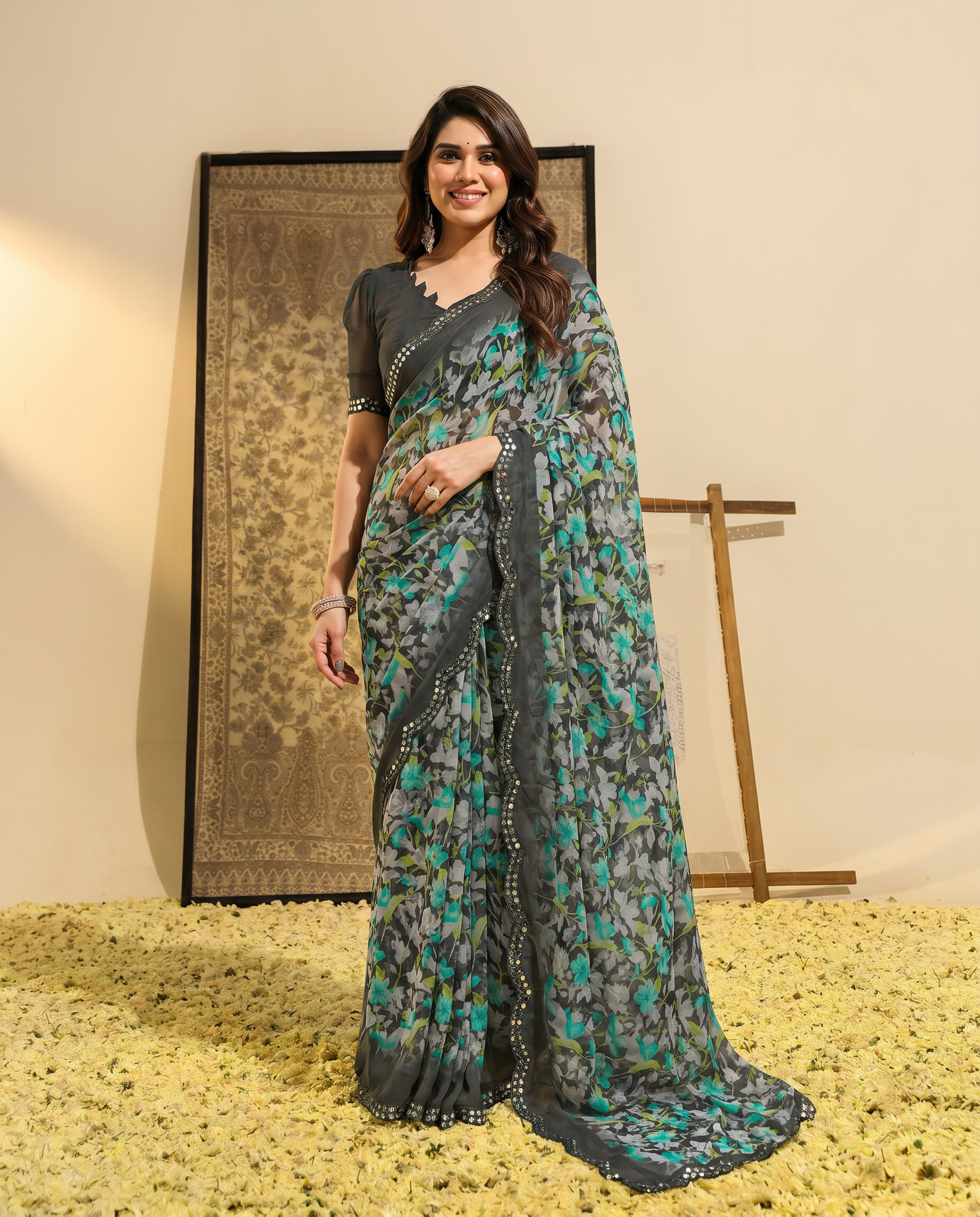 Elegant Brown Floral Printed Chiffon Saree with Designer Border – Stylish Party & Festive Wear - output 4 - 02 hero
