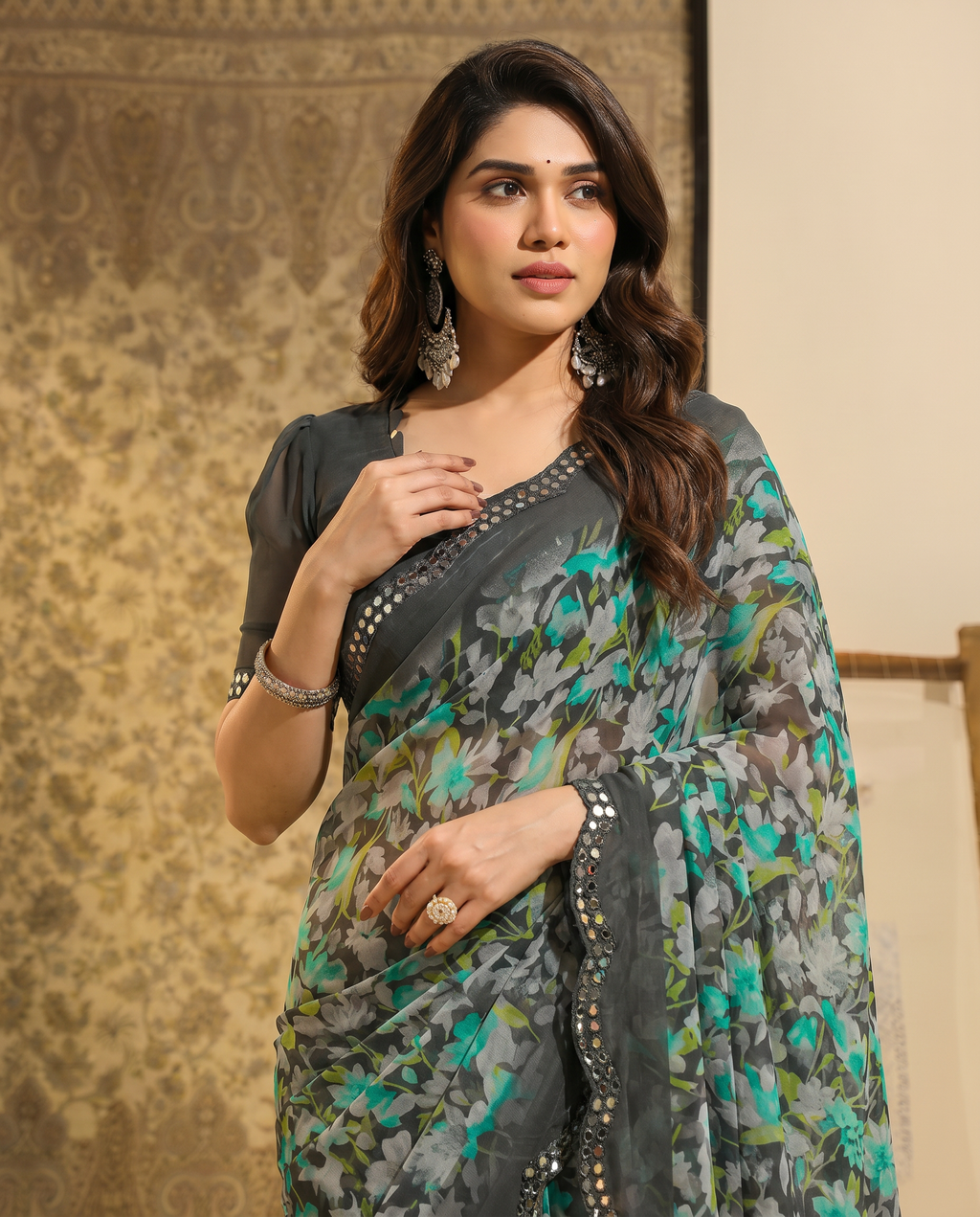 Elegant Brown Floral Printed Chiffon Saree with Designer Border – Stylish Party & Festive Wear - output 4 - 04 upper closeup