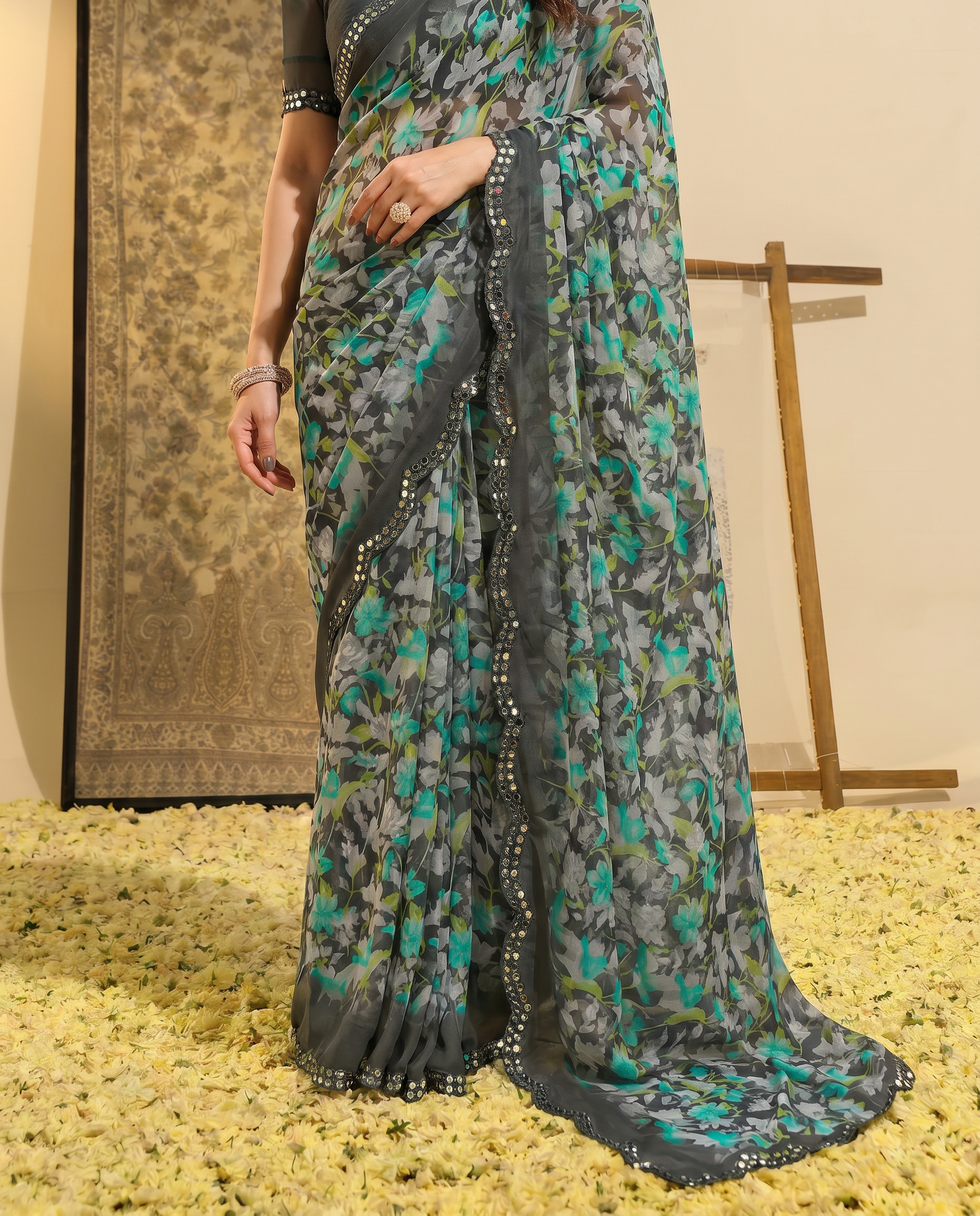 Elegant Brown Floral Printed Chiffon Saree with Designer Border – Stylish Party & Festive Wear - output 4 - 05 lower closeup