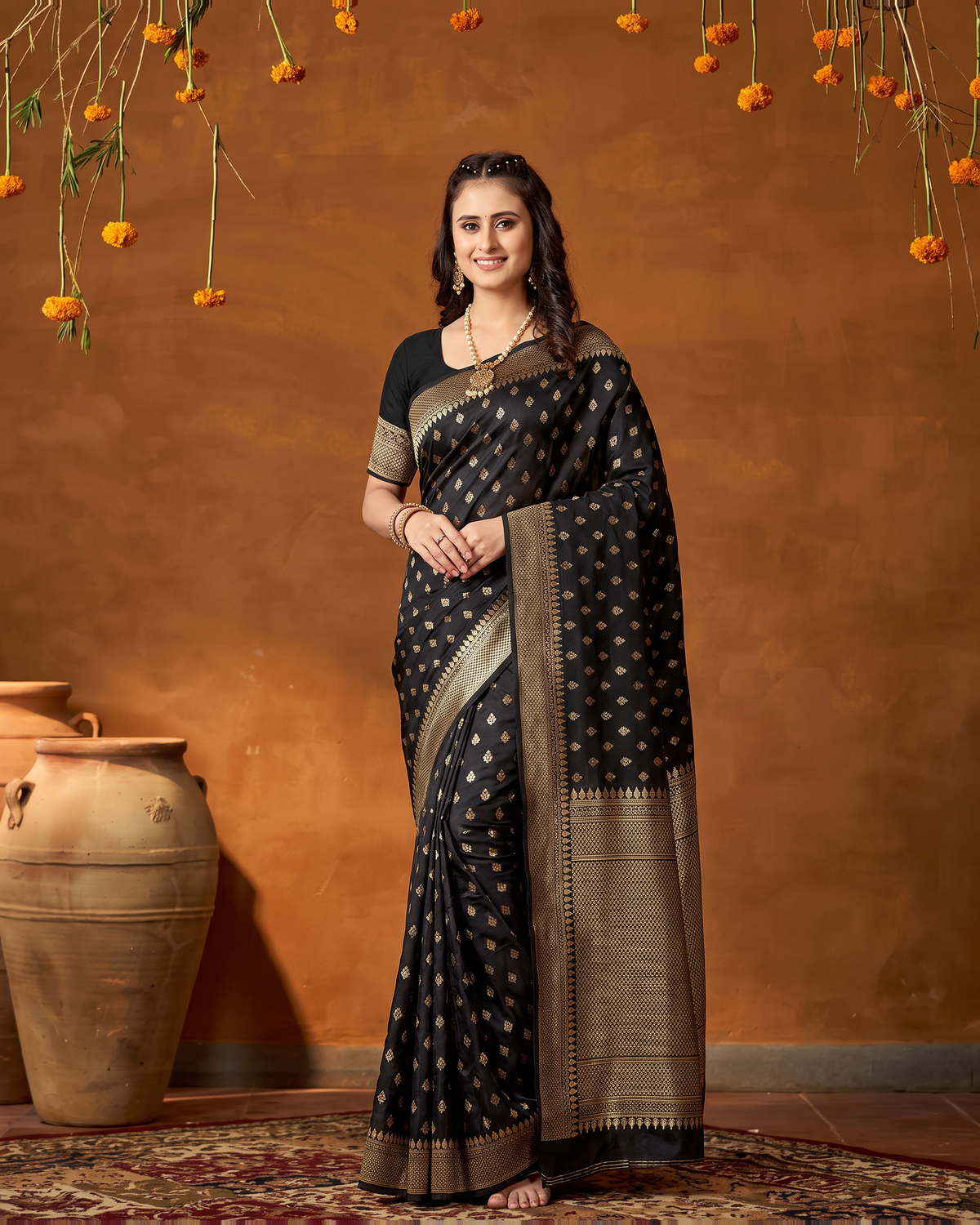 Elegant Chandrika Petite Motif Silk Saree - Black - full saree hero