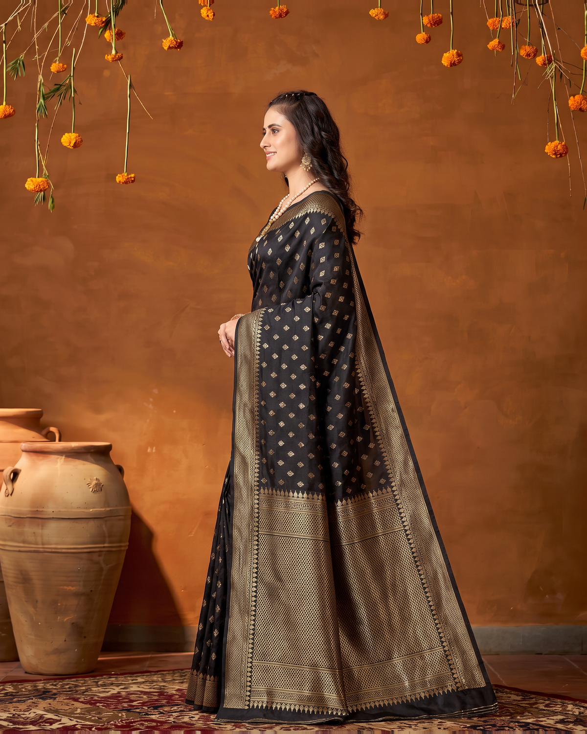 Elegant Chandrika Petite Motif Silk Saree - Black - side drape