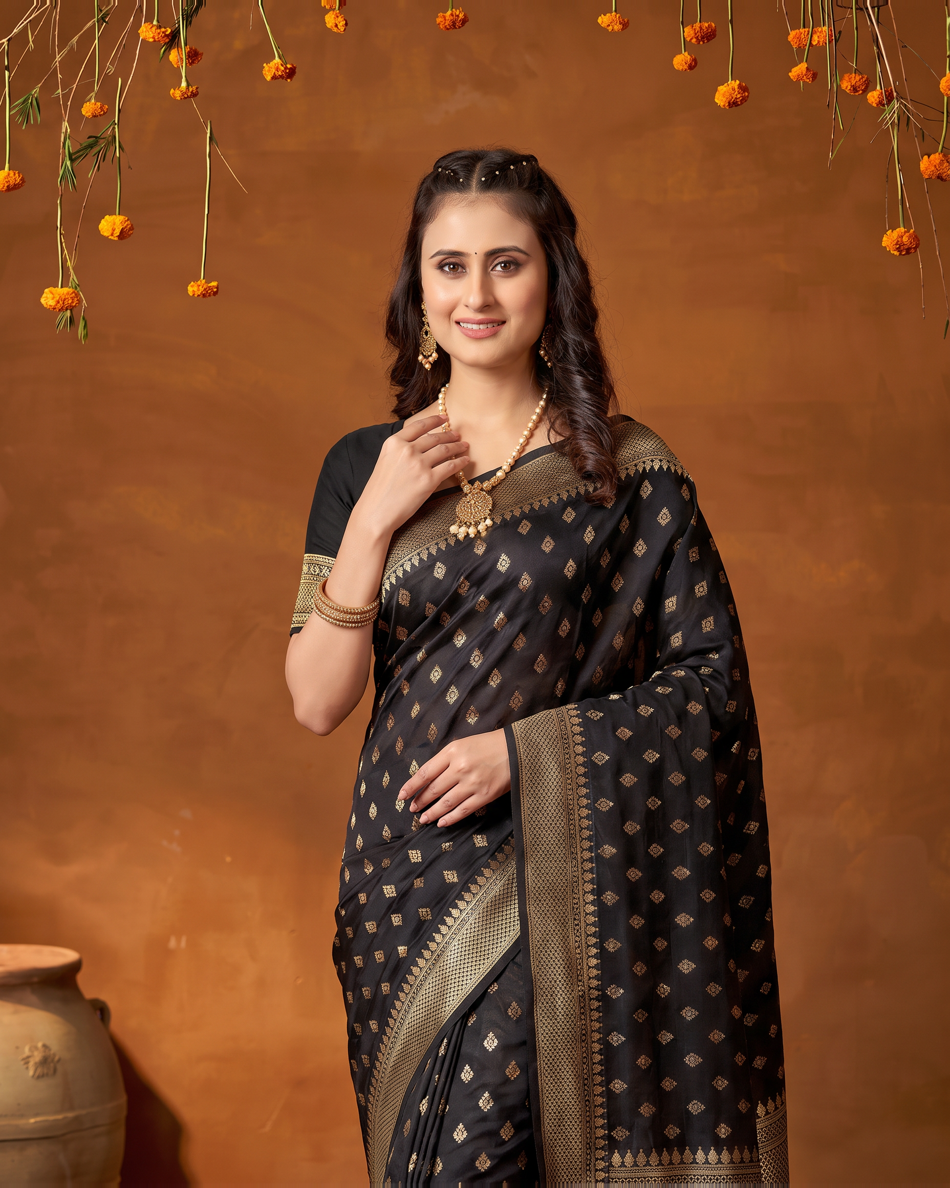 Elegant Chandrika Petite Motif Silk Saree - Black - upper closeup