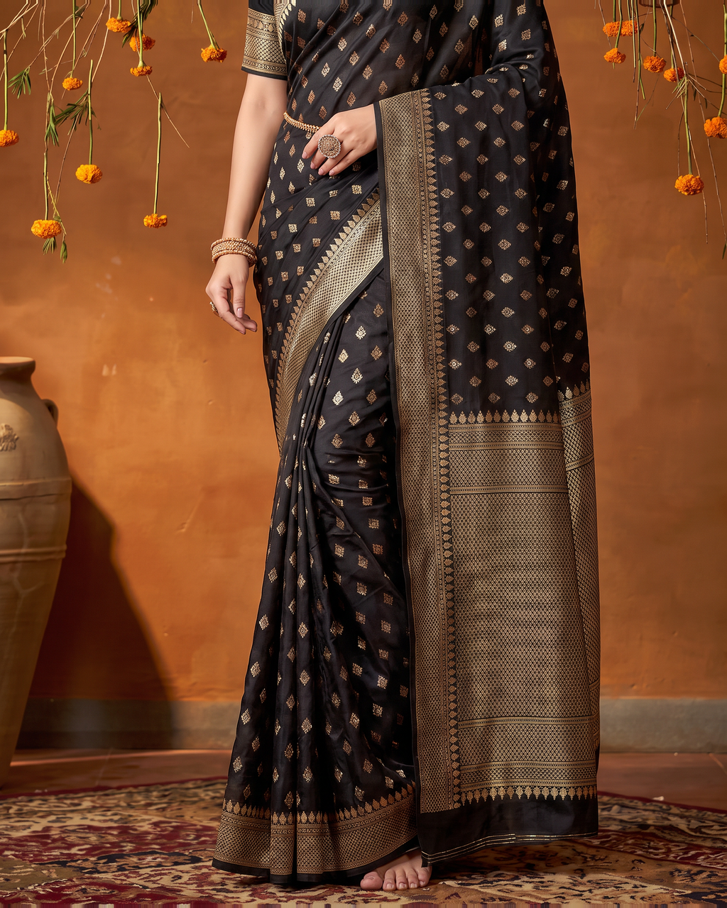 Elegant Chandrika Petite Motif Silk Saree - Black - lower border closeup
