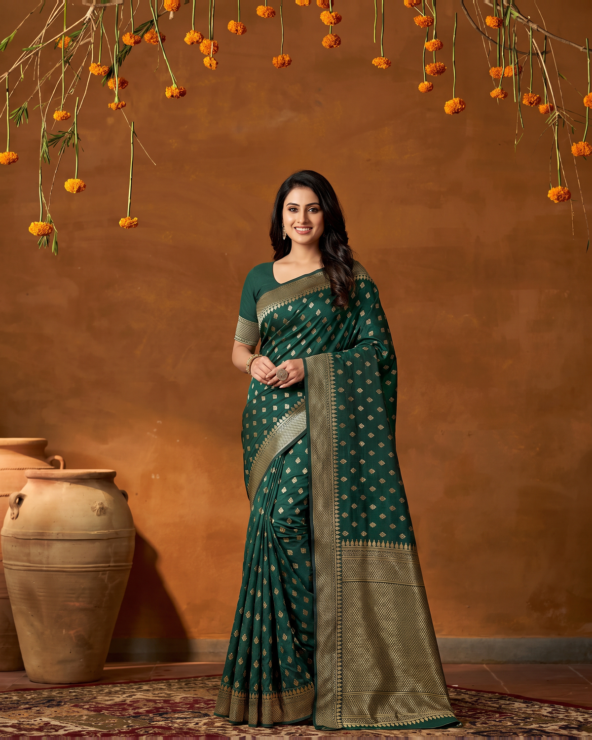Elegant Chandrika Petite Motif Silk Saree - Dark Green - full saree hero