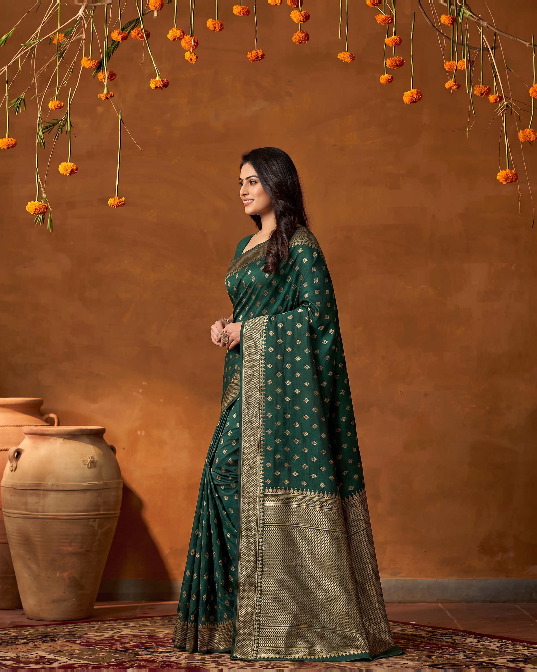 Elegant Chandrika Petite Motif Silk Saree - Dark Green - side drape