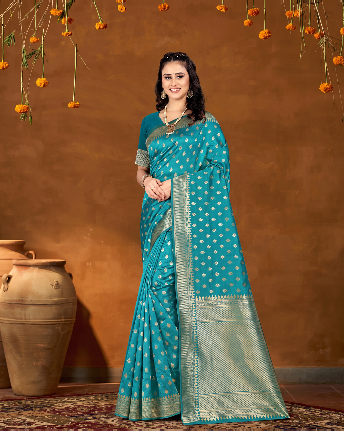 Elegant Chandrika Petite Motif Silk Saree - Firozi Blue - full saree hero