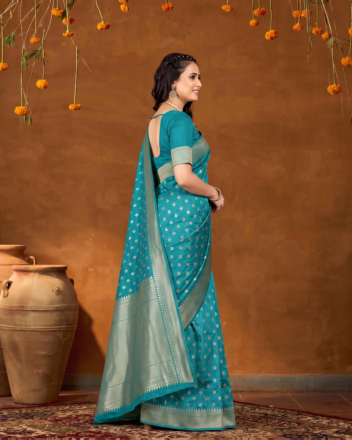 Elegant Chandrika Petite Motif Silk Saree - Firozi Blue - side drape