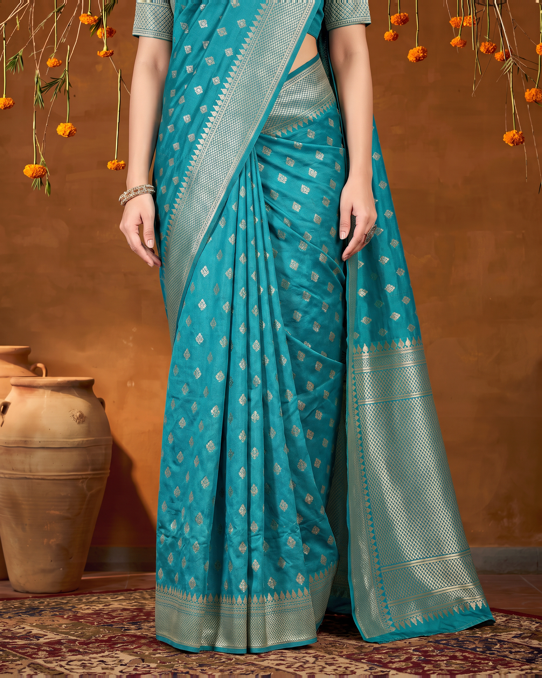 Elegant Chandrika Petite Motif Silk Saree - Firozi Blue - lower border closeup