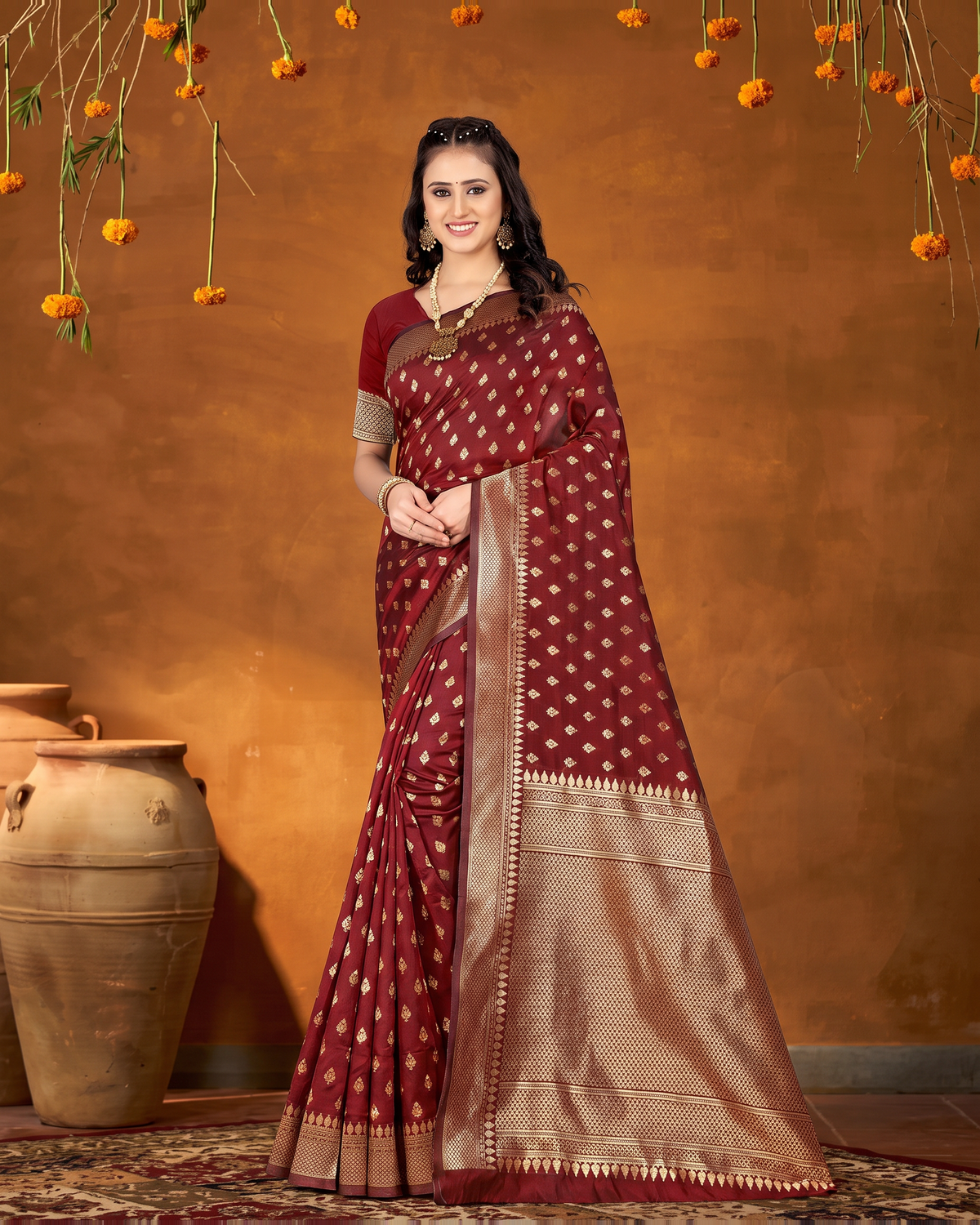 Elegant Chandrika Petite Motif Silk Saree - Maroon - full saree hero