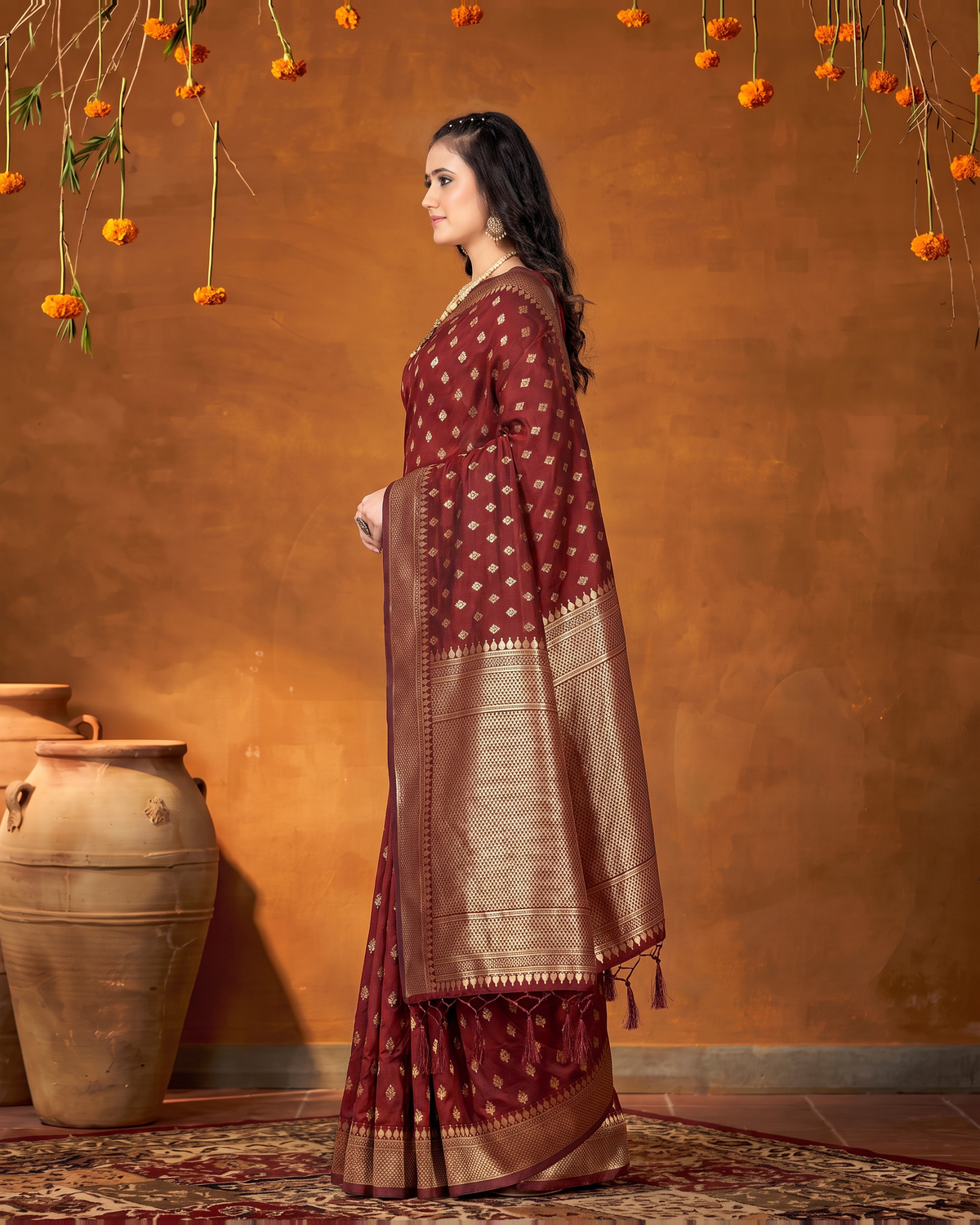 Elegant Chandrika Petite Motif Silk Saree - Maroon - side drape