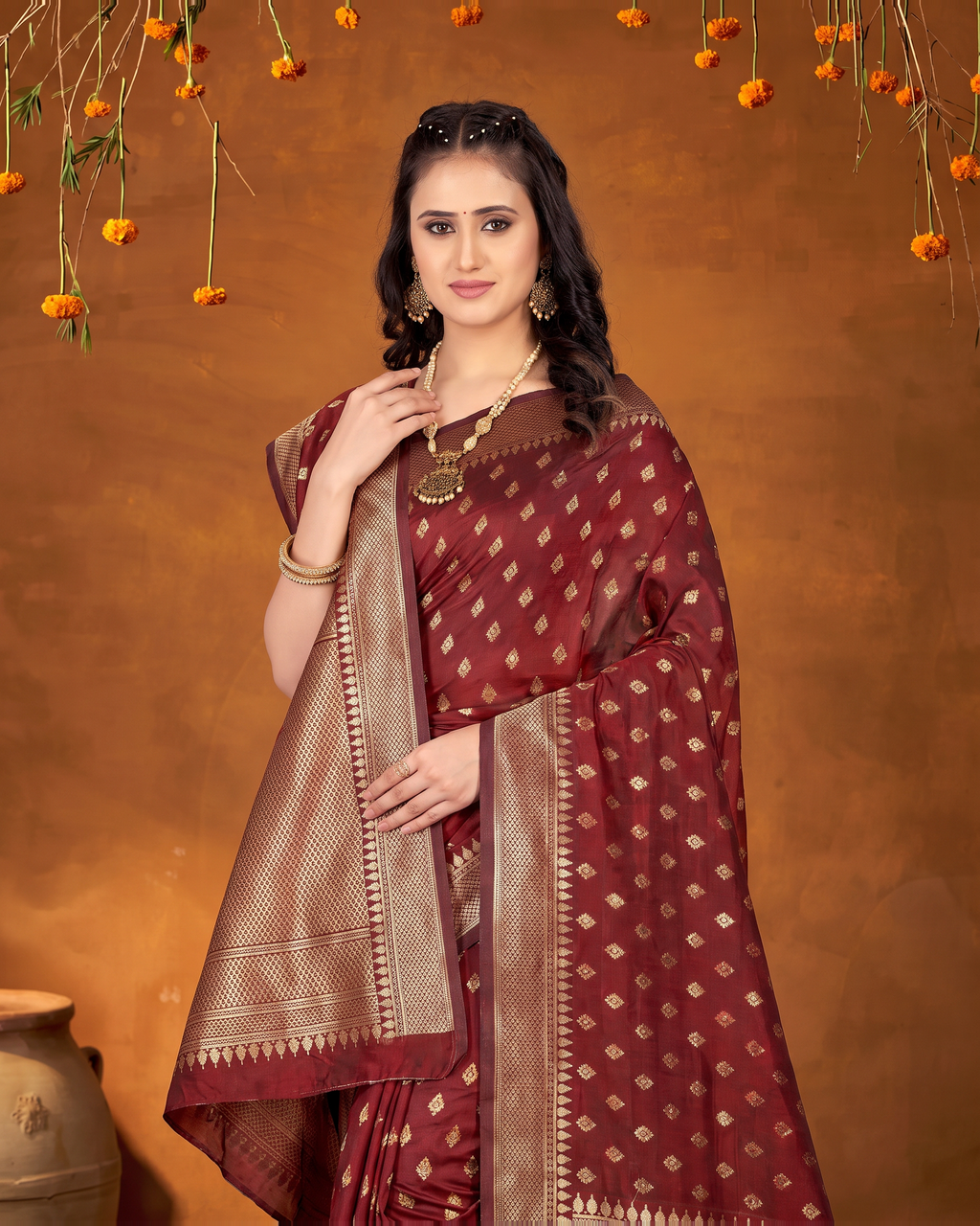 Elegant Chandrika Petite Motif Silk Saree - Maroon - upper closeup