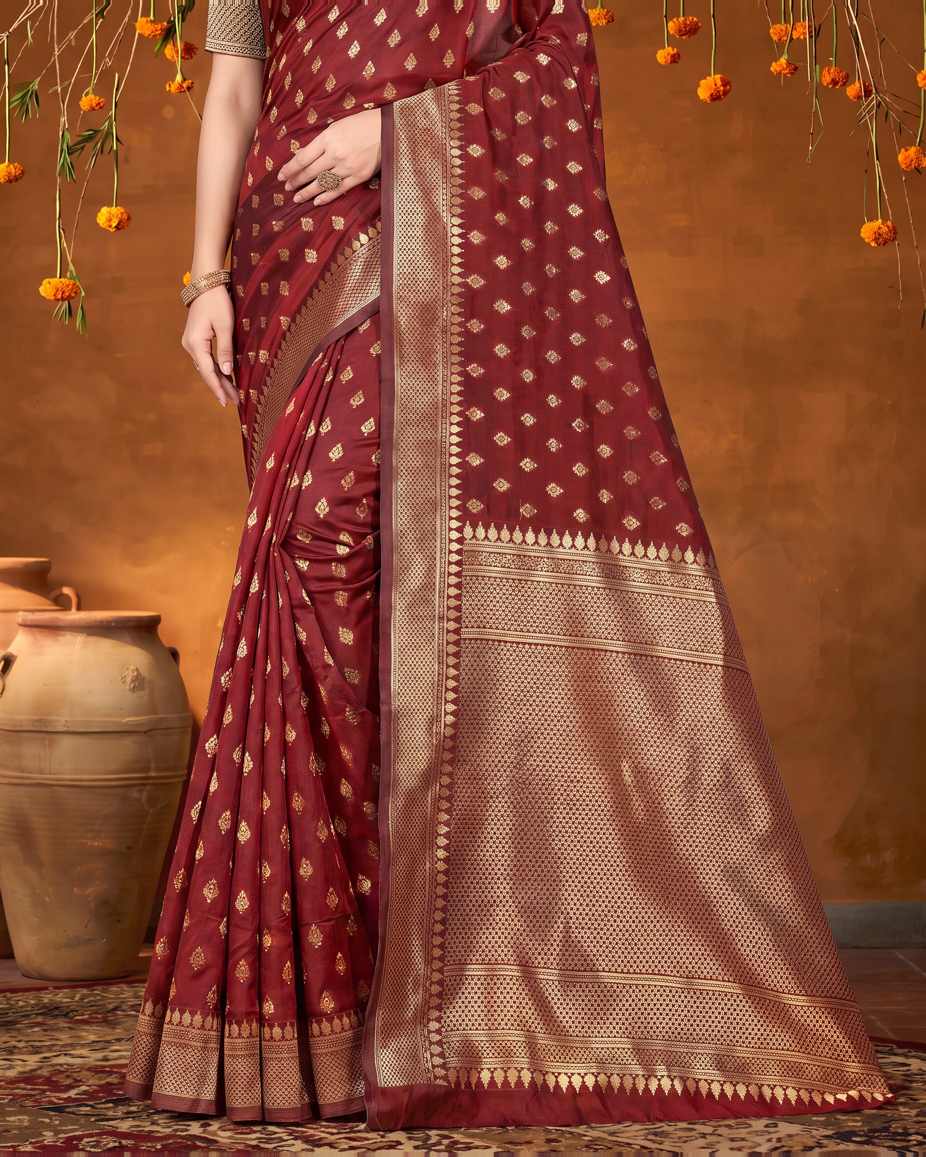 Elegant Chandrika Petite Motif Silk Saree - Maroon - lower border closeup