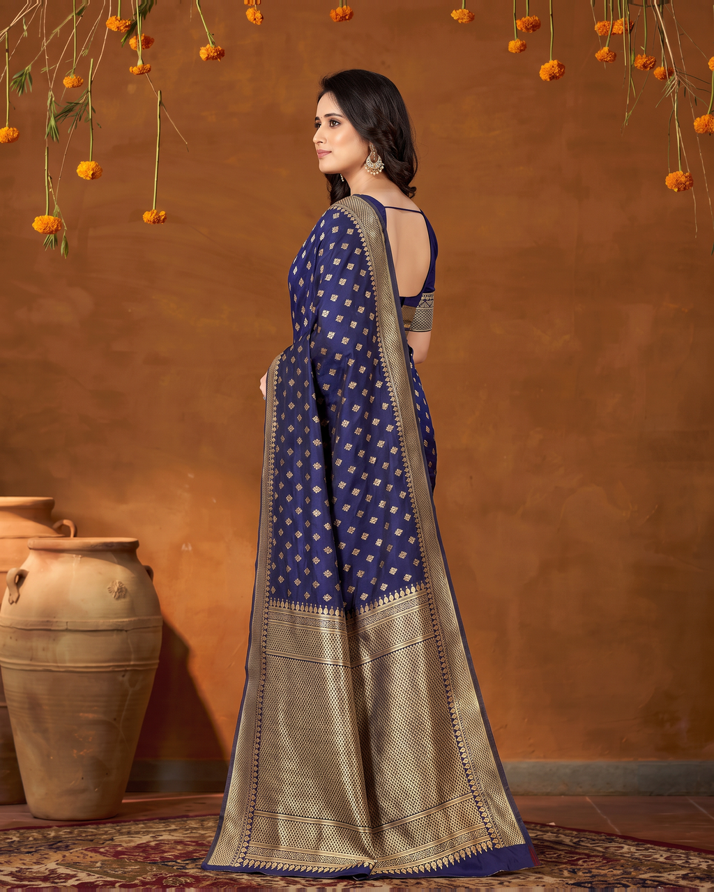 Elegant Chandrika Petite Motif Silk Saree - Navy Blue - side drape