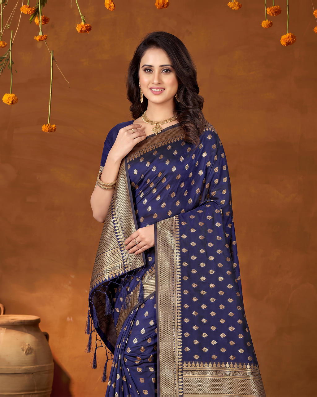 Elegant Chandrika Petite Motif Silk Saree - Navy Blue - upper closeup