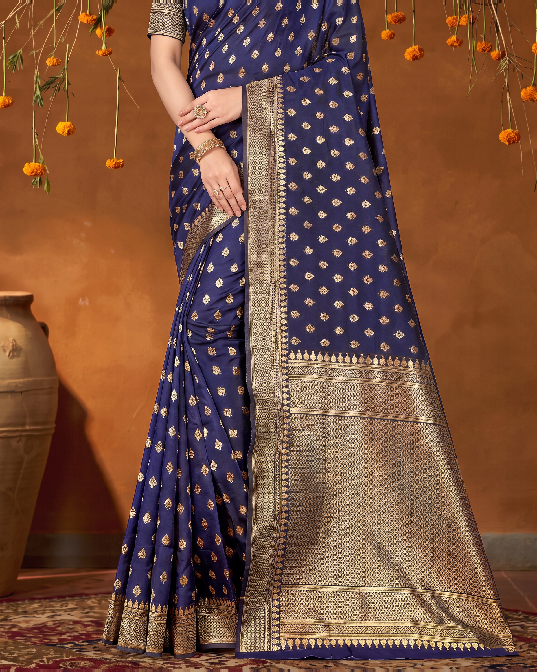 Elegant Chandrika Petite Motif Silk Saree - Navy Blue - lower border closeup