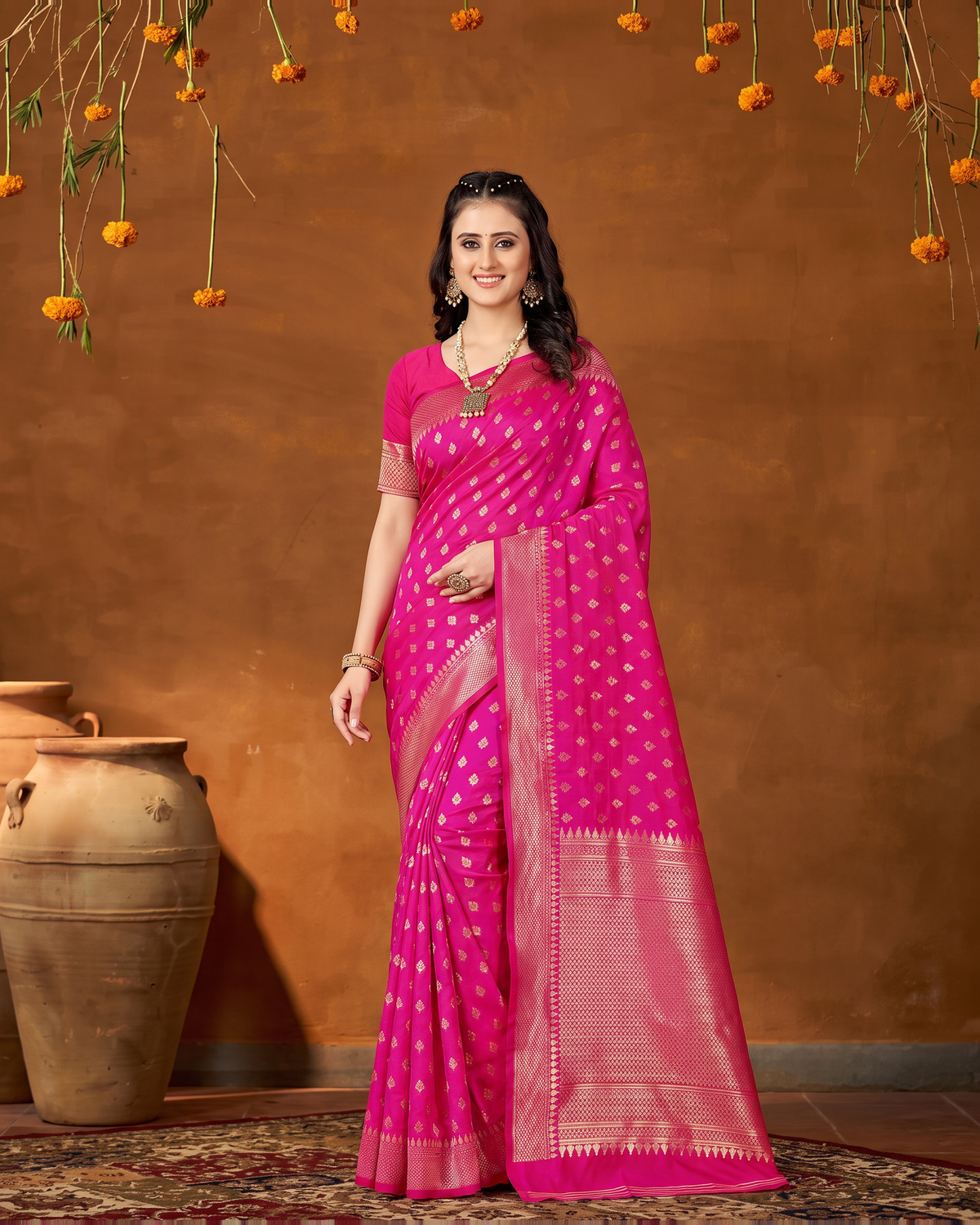 Elegant Chandrika Petite Motif Silk Saree - Rani Pink - full saree hero