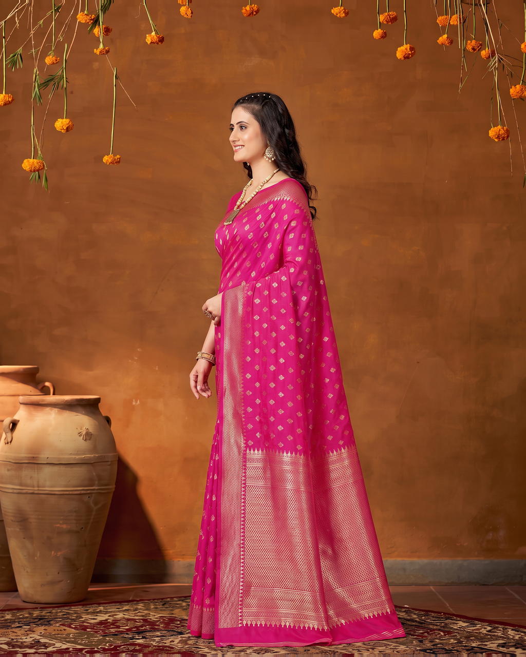 Elegant Chandrika Petite Motif Silk Saree - Rani Pink - side drape