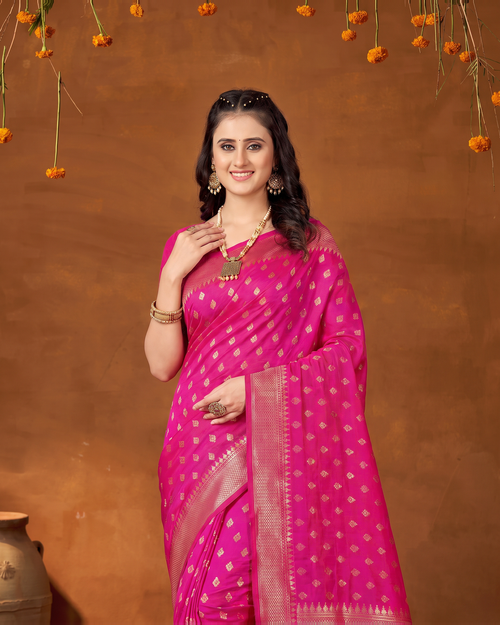 Elegant Chandrika Petite Motif Silk Saree - Rani Pink - upper closeup