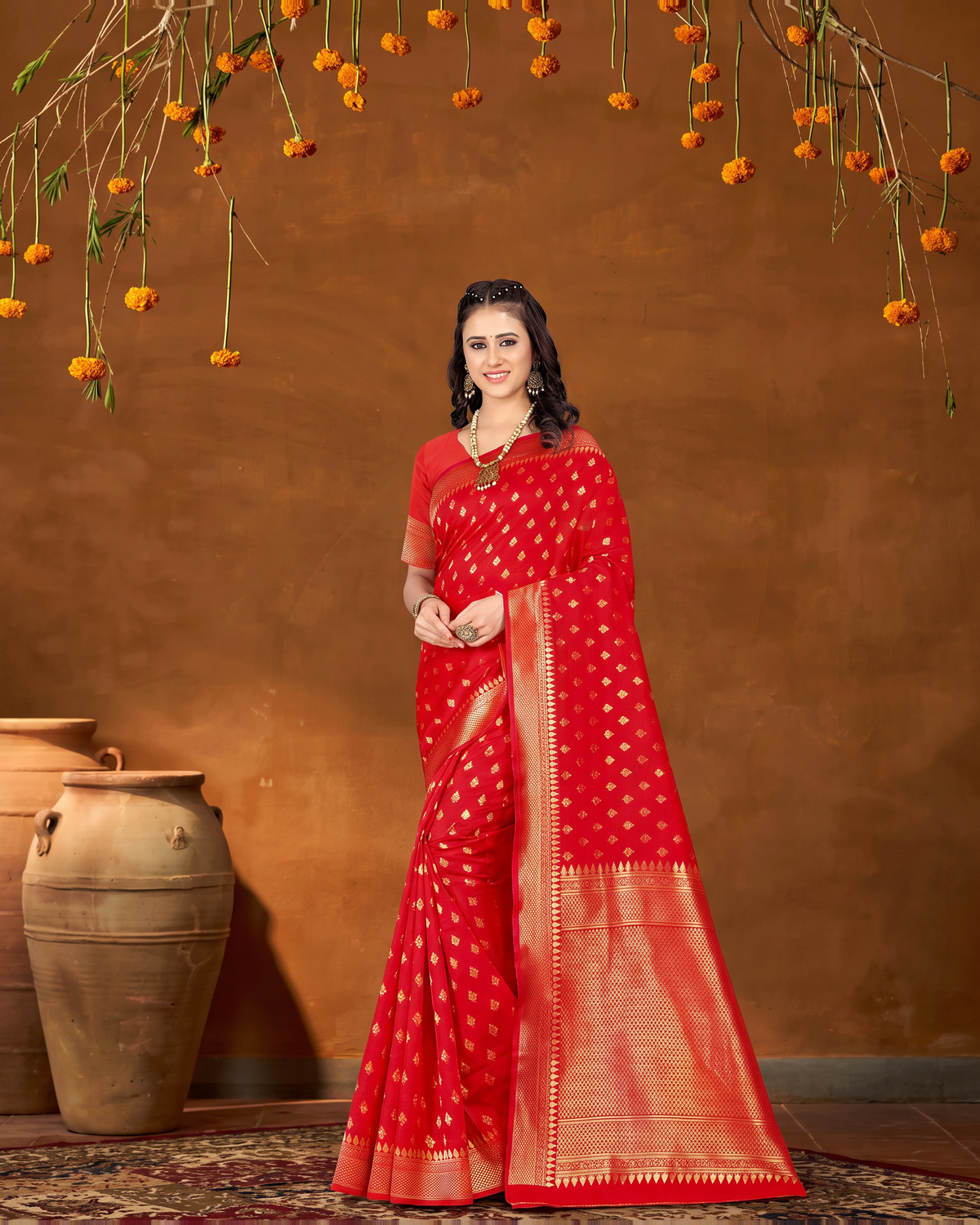 Elegant Chandrika Petite Motif Silk Saree - Red - full saree hero